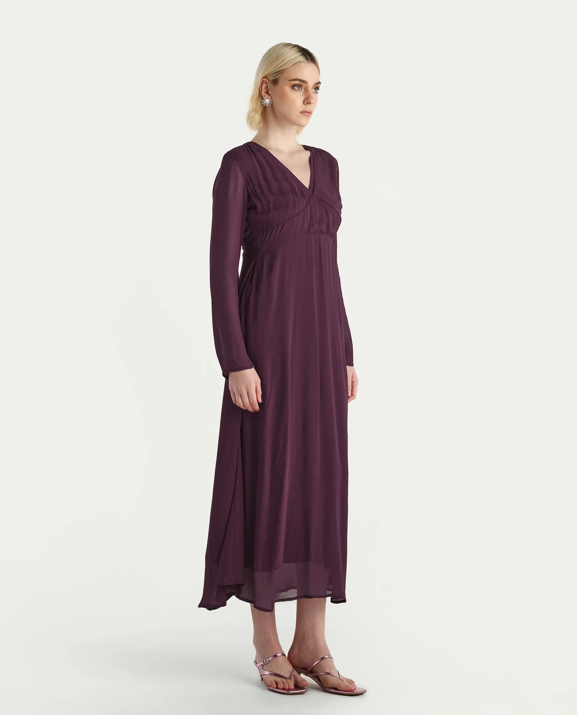 Rareism Women's Aviri Maroon Viscose V-Neck Fit And Flare Plain Dress - Image 5