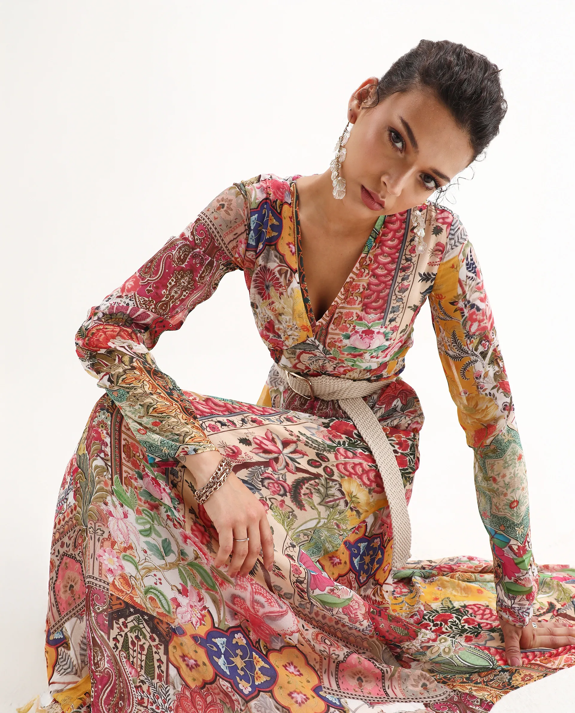 Rareism Women's Avirin Multi Viscose V-Neck Fit And Flare Abstract Print Dress - Image 4