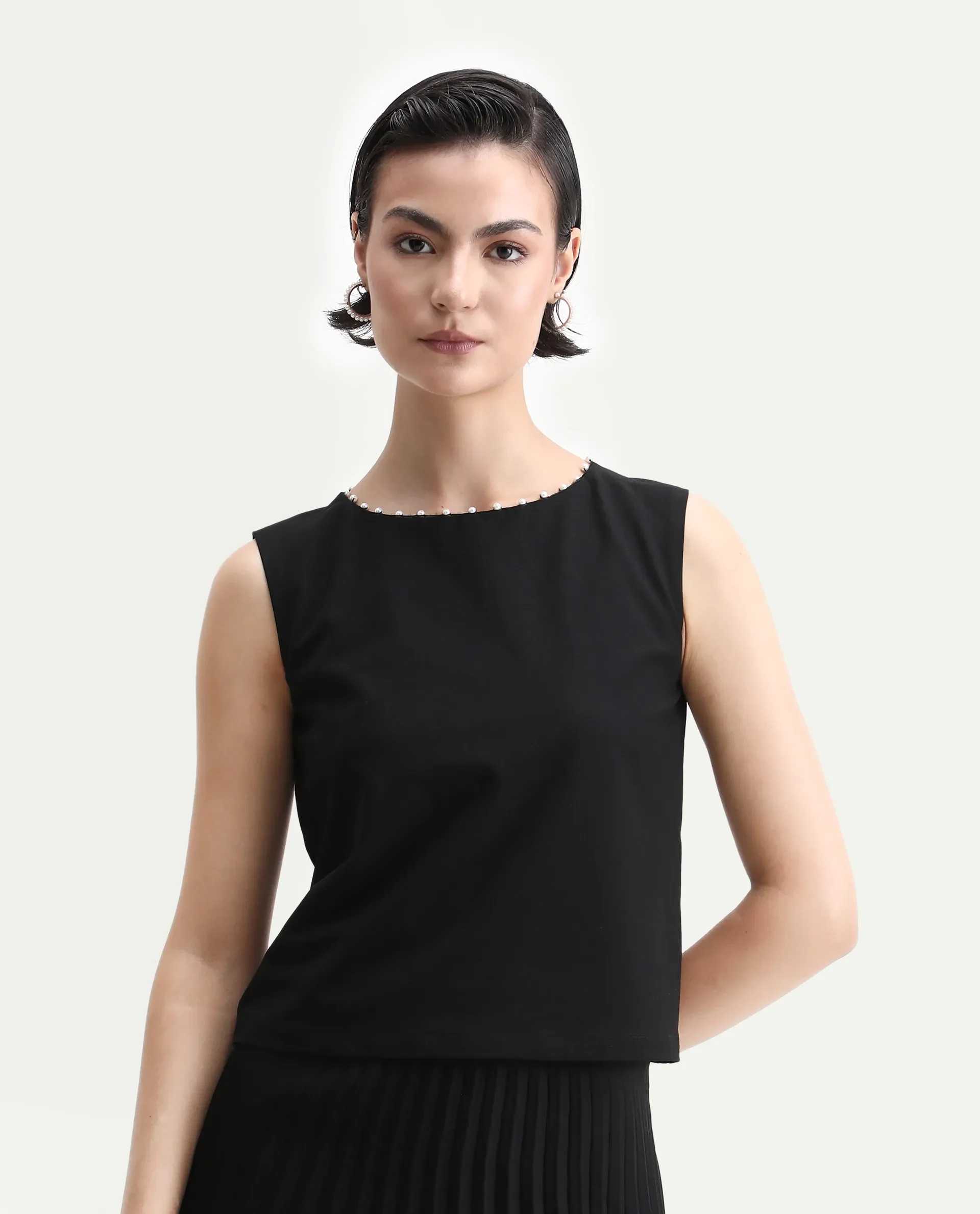 Rareism Women's Avisa Black Polyester Blend Boat Neck Boxy Fit Plain Top - Image 3