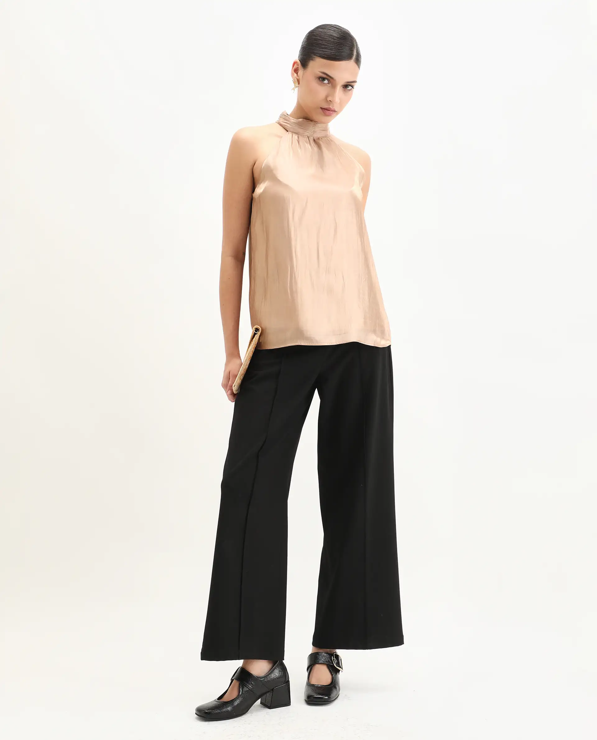 Rareism Women's Avisna Metalic Gold Polyester Halter Neck Regular Fit Plain Top - Image 2