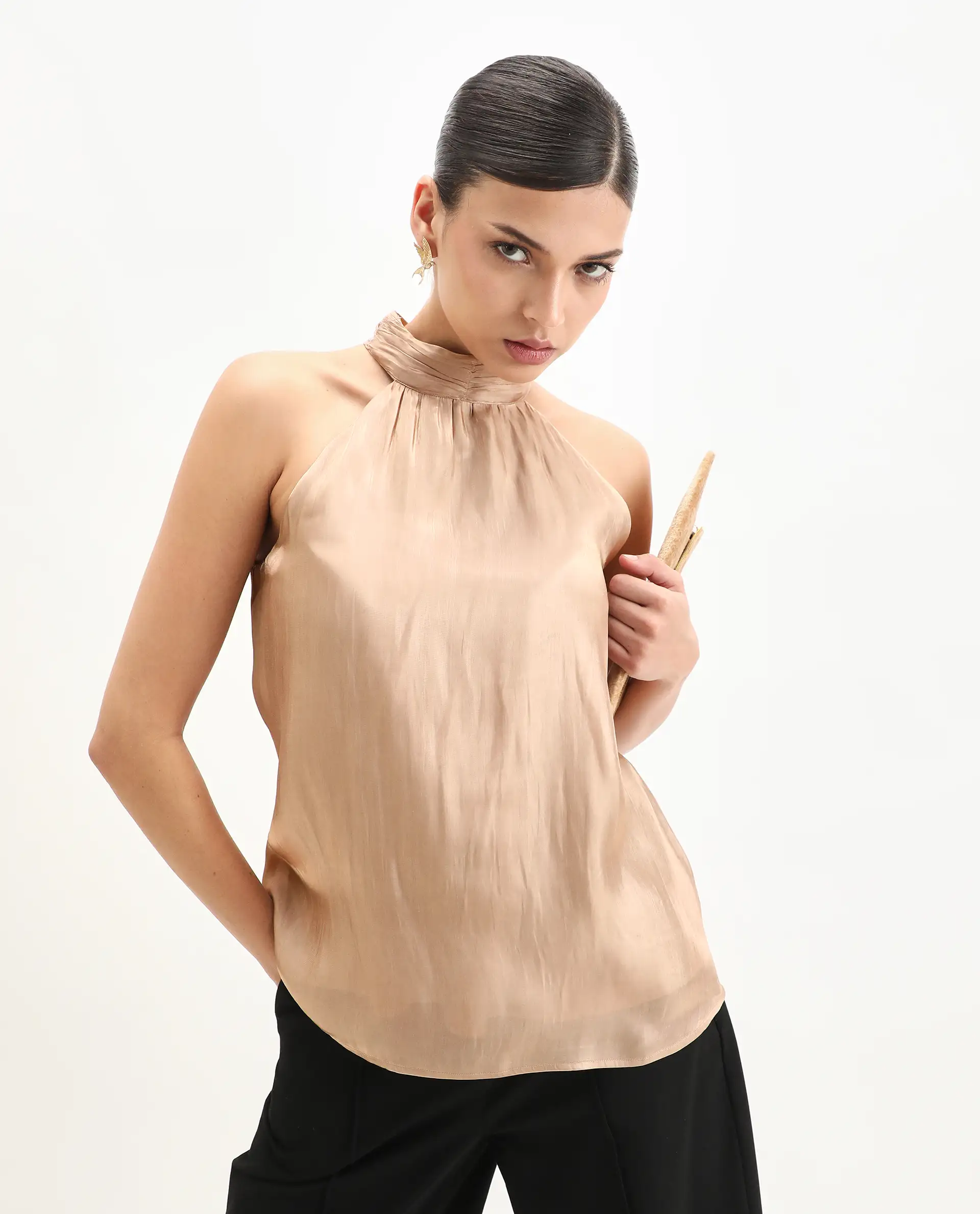 Rareism Women's Avisna Metalic Gold Polyester Halter Neck Regular Fit Plain Top - Image 3