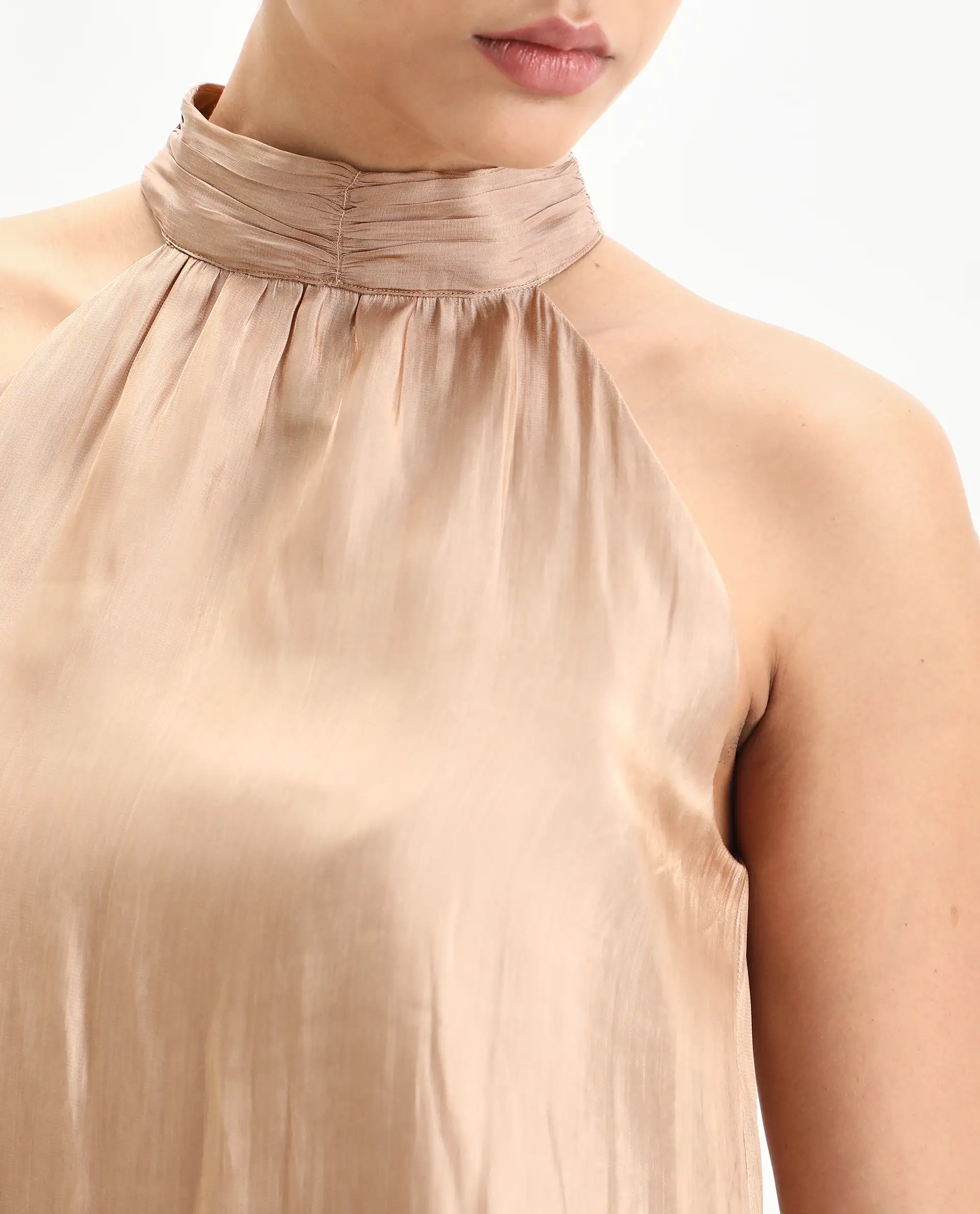 Rareism Women's Avisna Metalic Gold Polyester Halter Neck Regular Fit Plain Top - Image 4