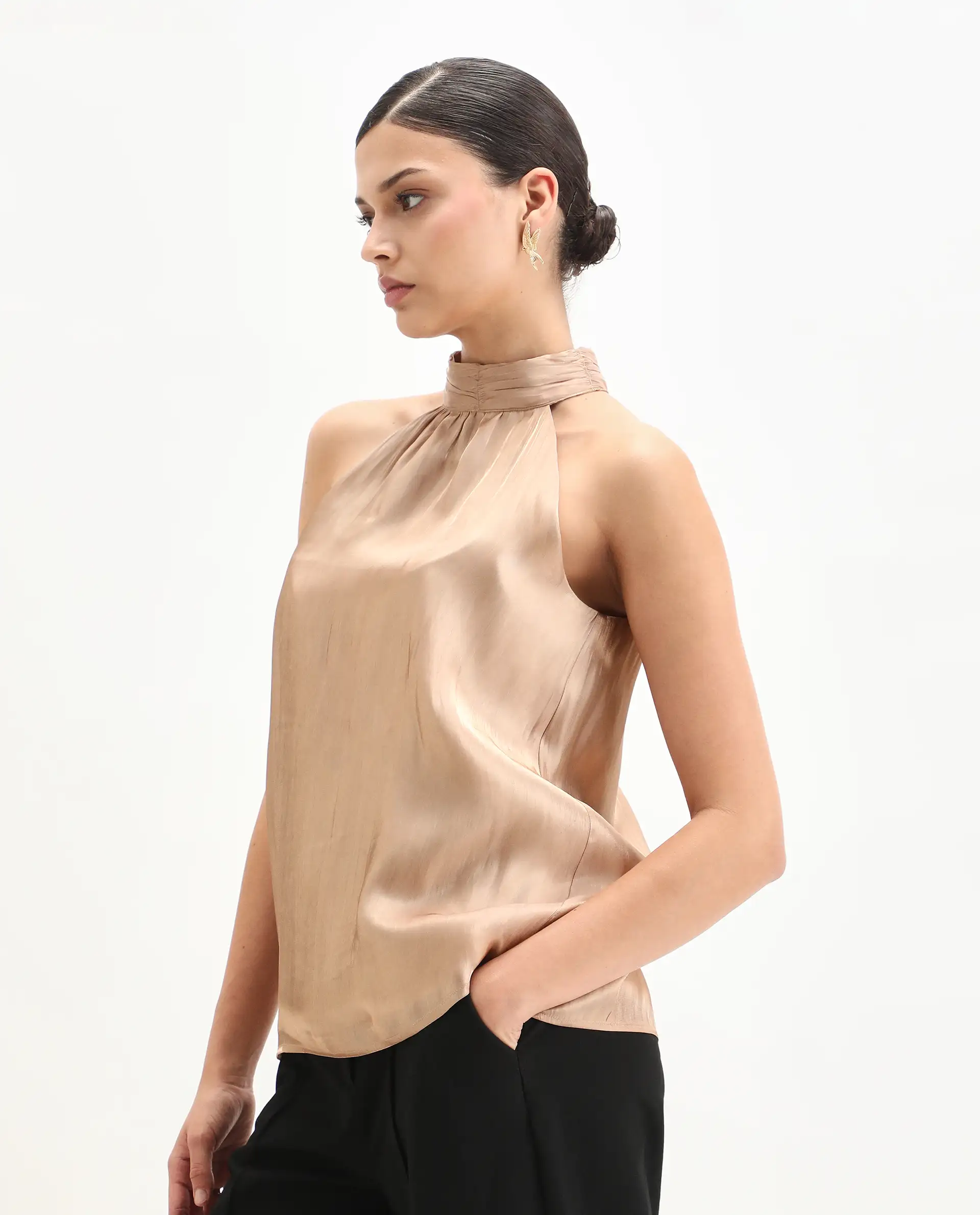 Rareism Women's Avisna Metalic Gold Polyester Halter Neck Regular Fit Plain Top - Image 5