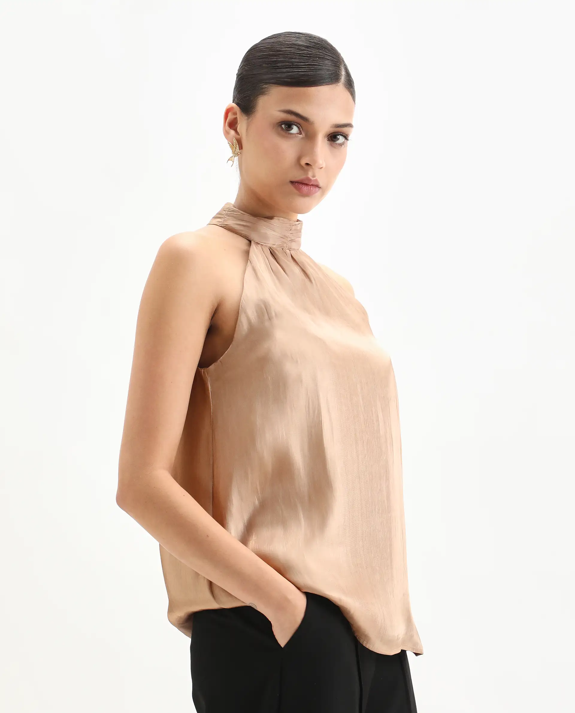Rareism Women's Avisna Metalic Gold Polyester Halter Neck Regular Fit Plain Top - Image 6