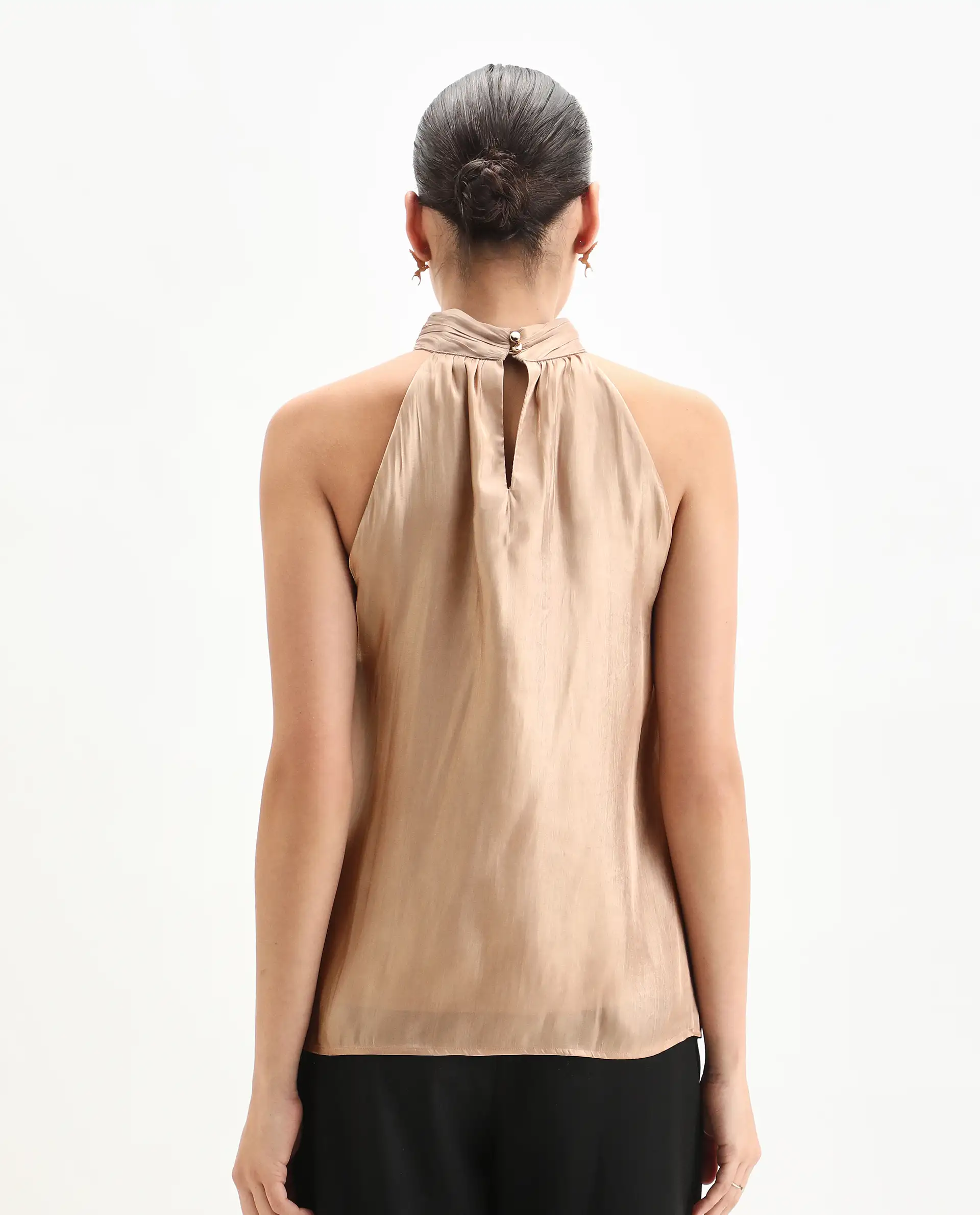 Rareism Women's Avisna Metalic Gold Polyester Halter Neck Regular Fit Plain Top - Image 7