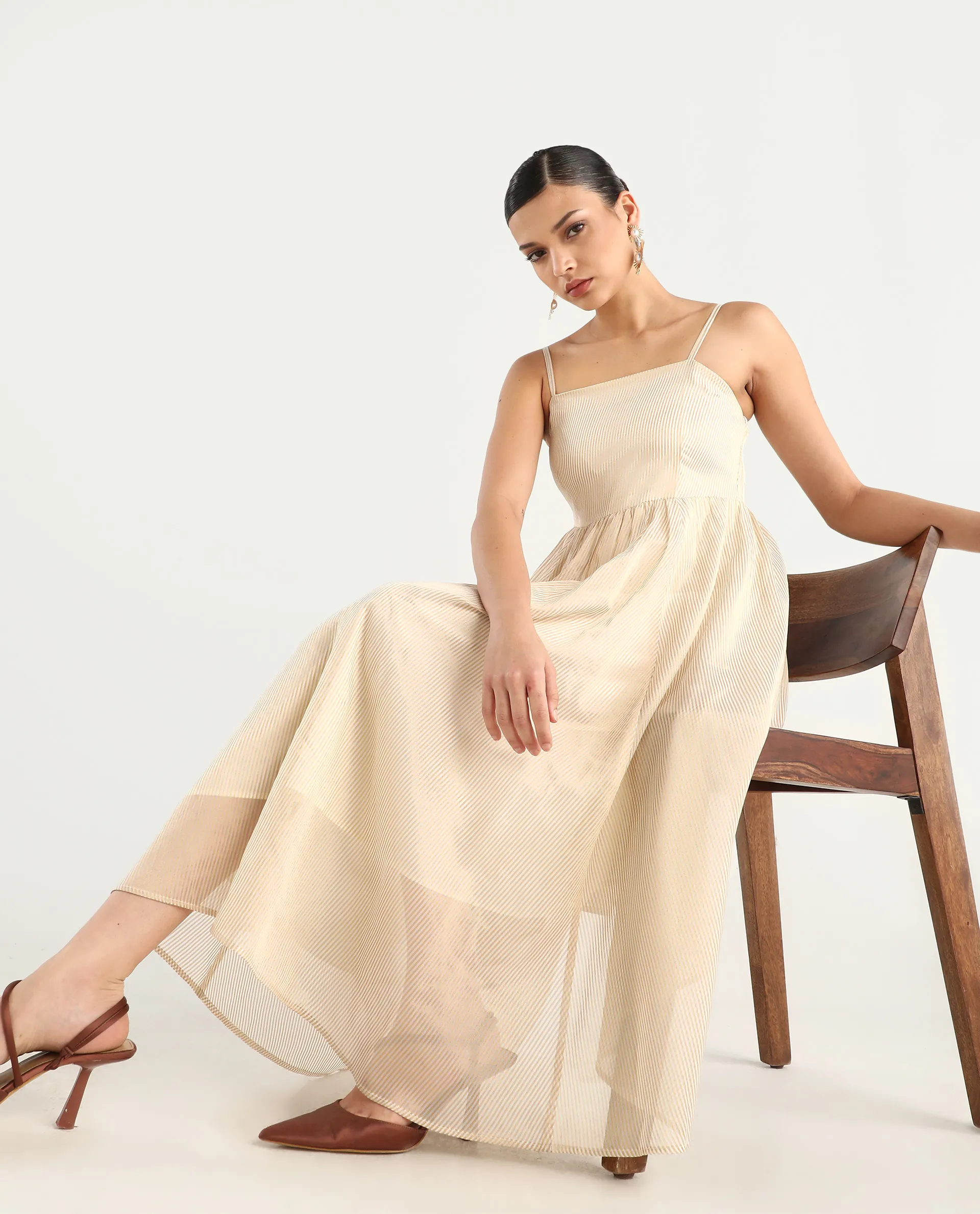 Rareism Women Avisnat Off White Elastic Closure Fit And Flared Midi Length Striped Dress - Image 2