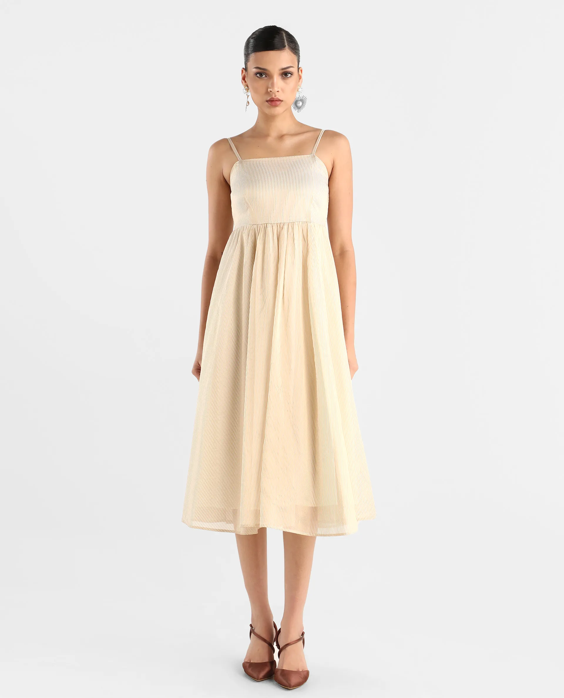 Rareism Women Avisnat Off White Elastic Closure Fit And Flared Midi Length Striped Dress - Image 3