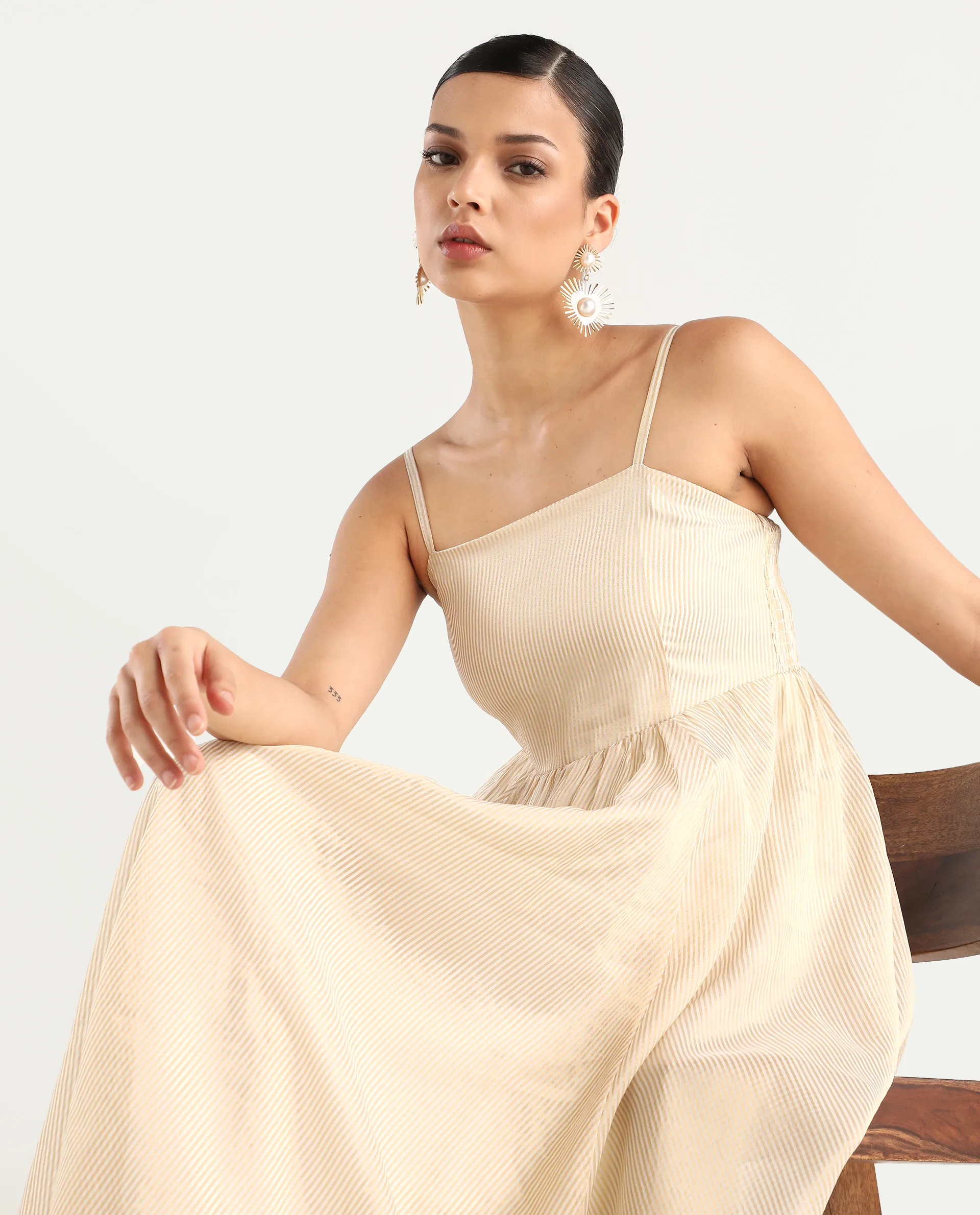 Rareism Women Avisnat Off White Elastic Closure Fit And Flared Midi Length Striped Dress - Image 4