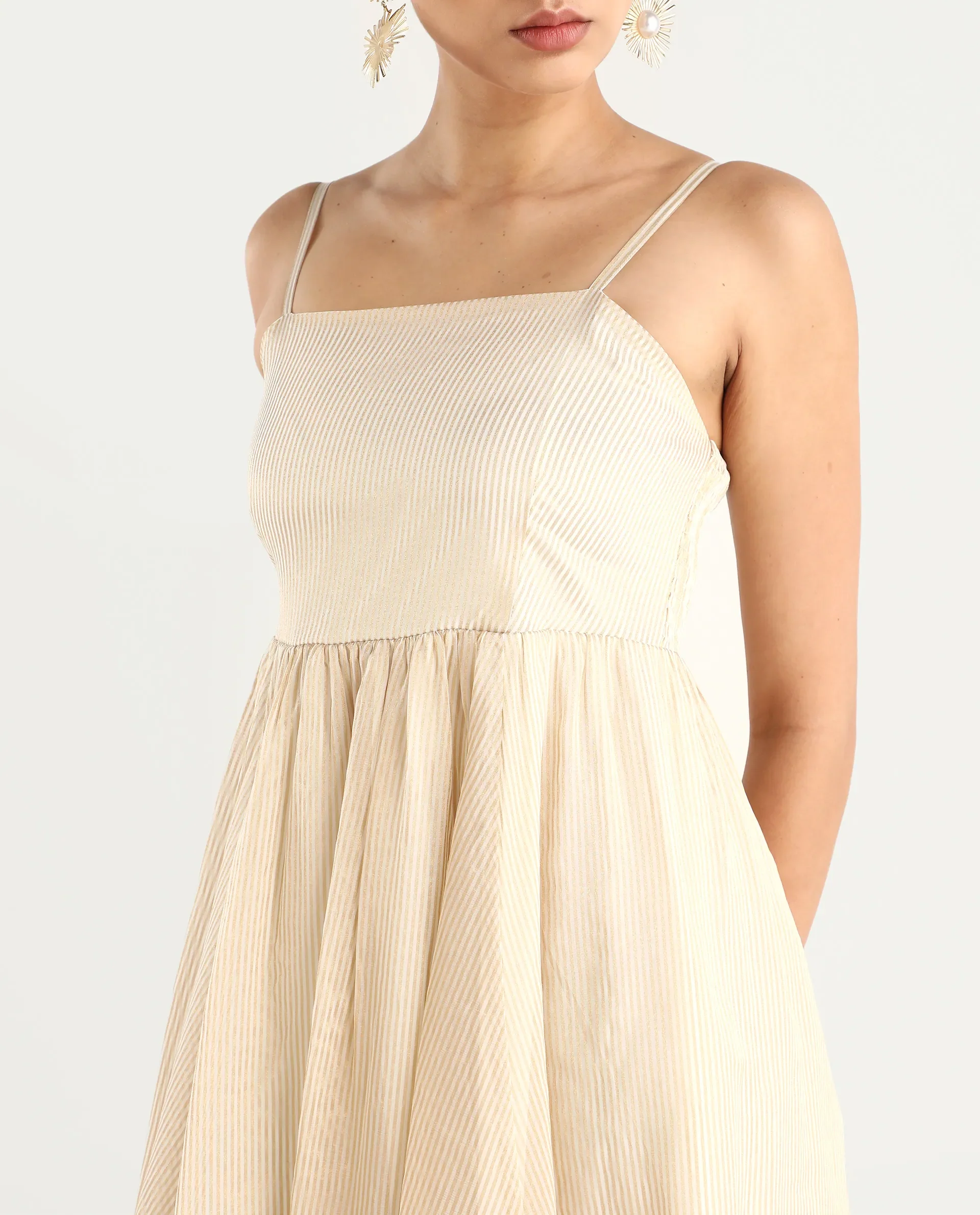 Rareism Women Avisnat Off White Elastic Closure Fit And Flared Midi Length Striped Dress - Image 5