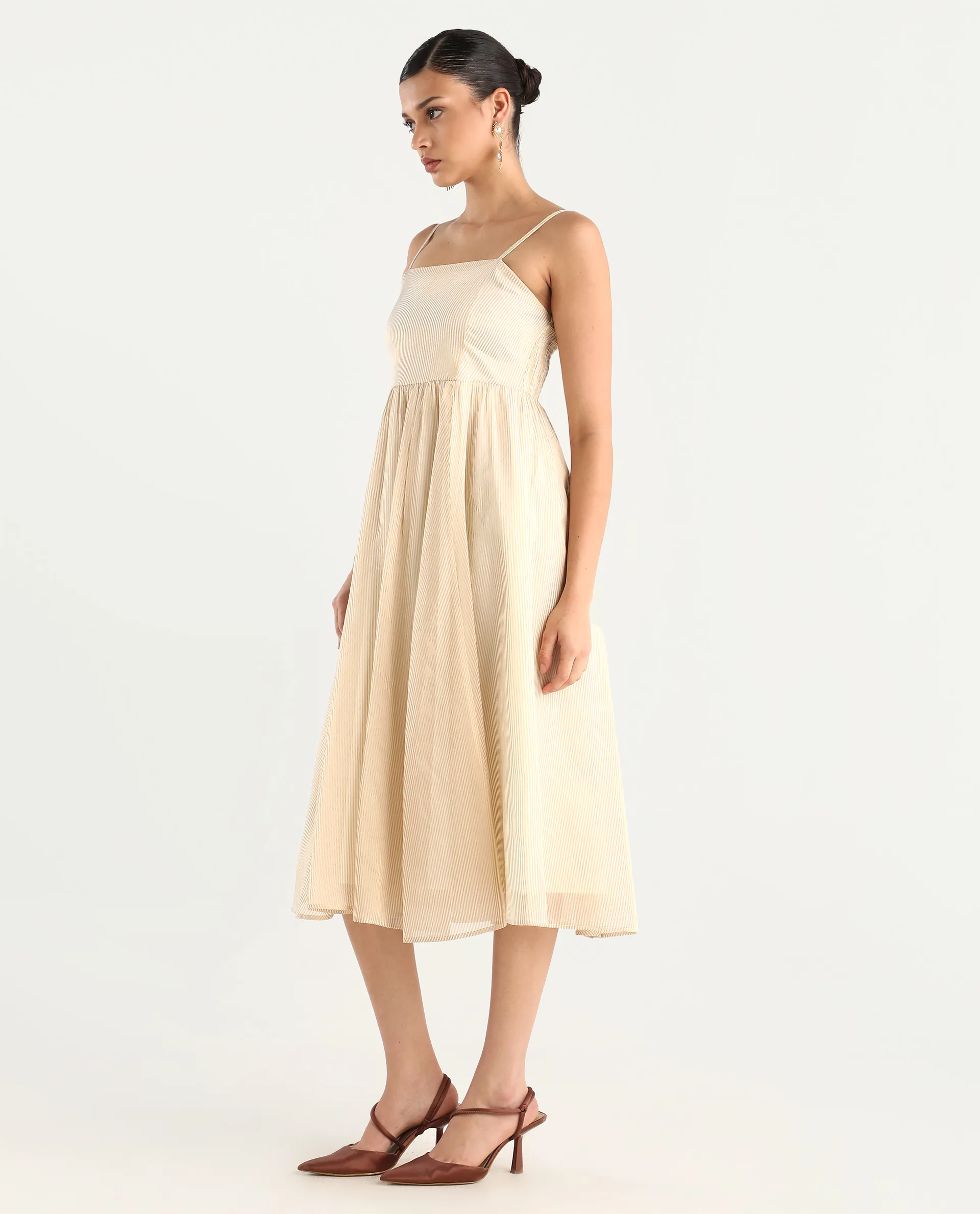 Rareism Women Avisnat Off White Elastic Closure Fit And Flared Midi Length Striped Dress - Image 6