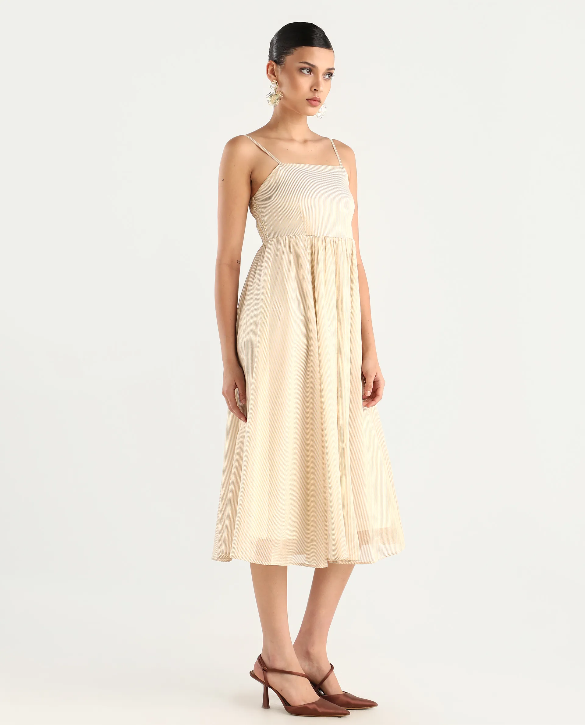 Rareism Women Avisnat Off White Elastic Closure Fit And Flared Midi Length Striped Dress - Image 7