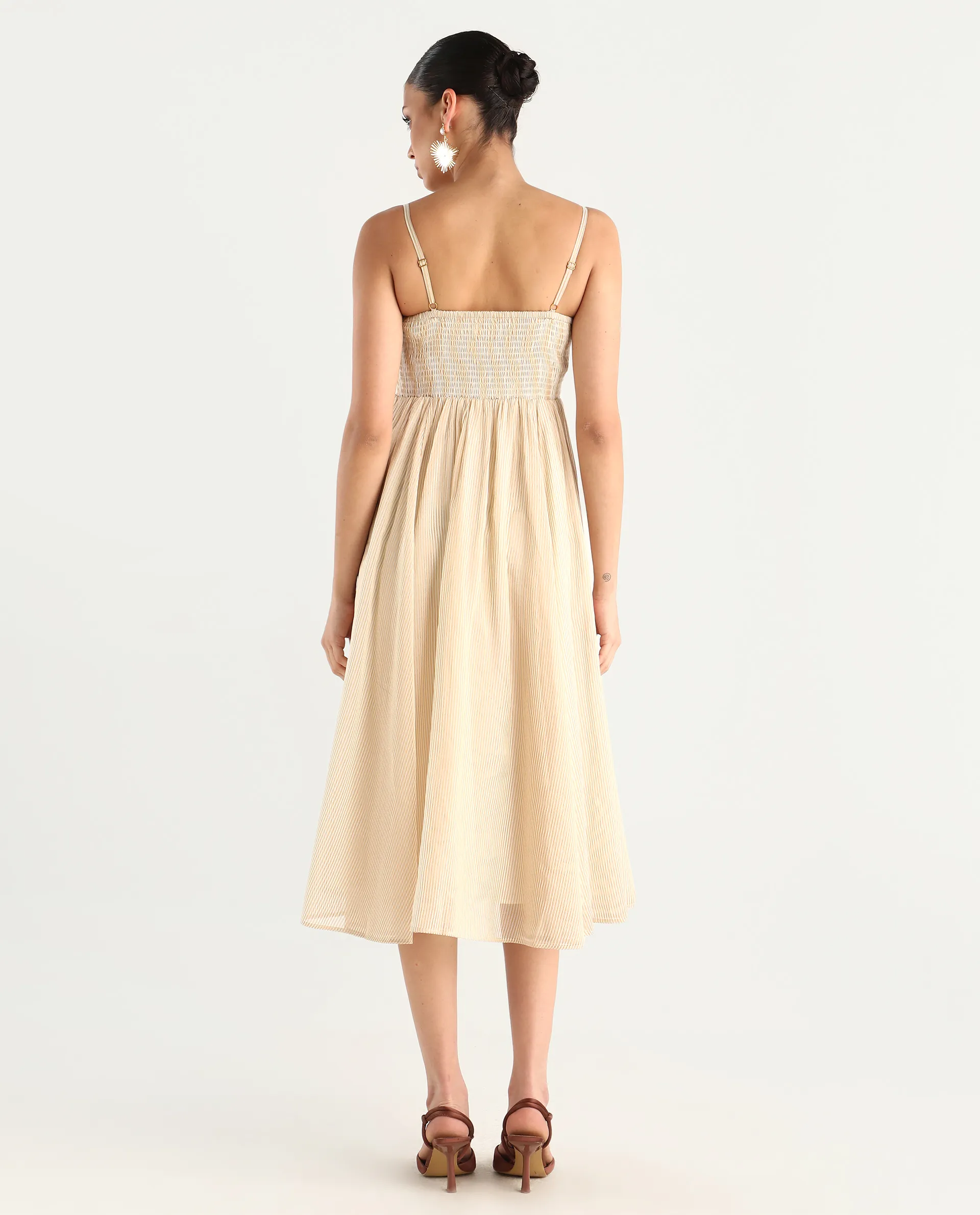 Rareism Women Avisnat Off White Elastic Closure Fit And Flared Midi Length Striped Dress - Image 8
