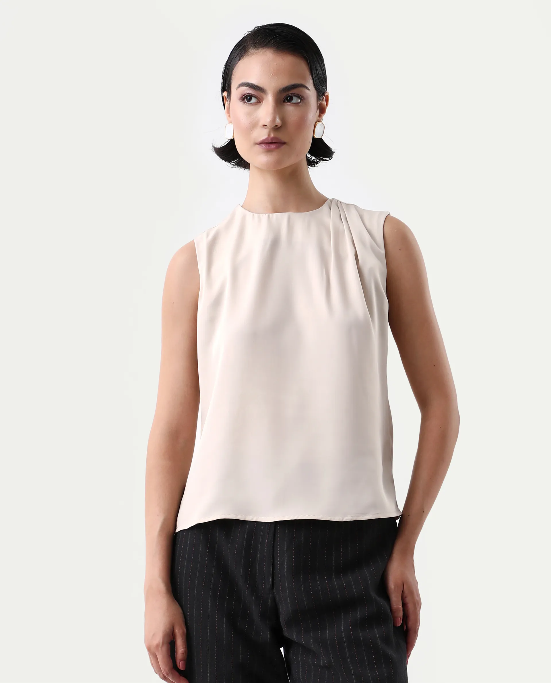 Rareism Women's Aviso Beige Polyester Round Neck Regular Fit Plain Top - Image 4