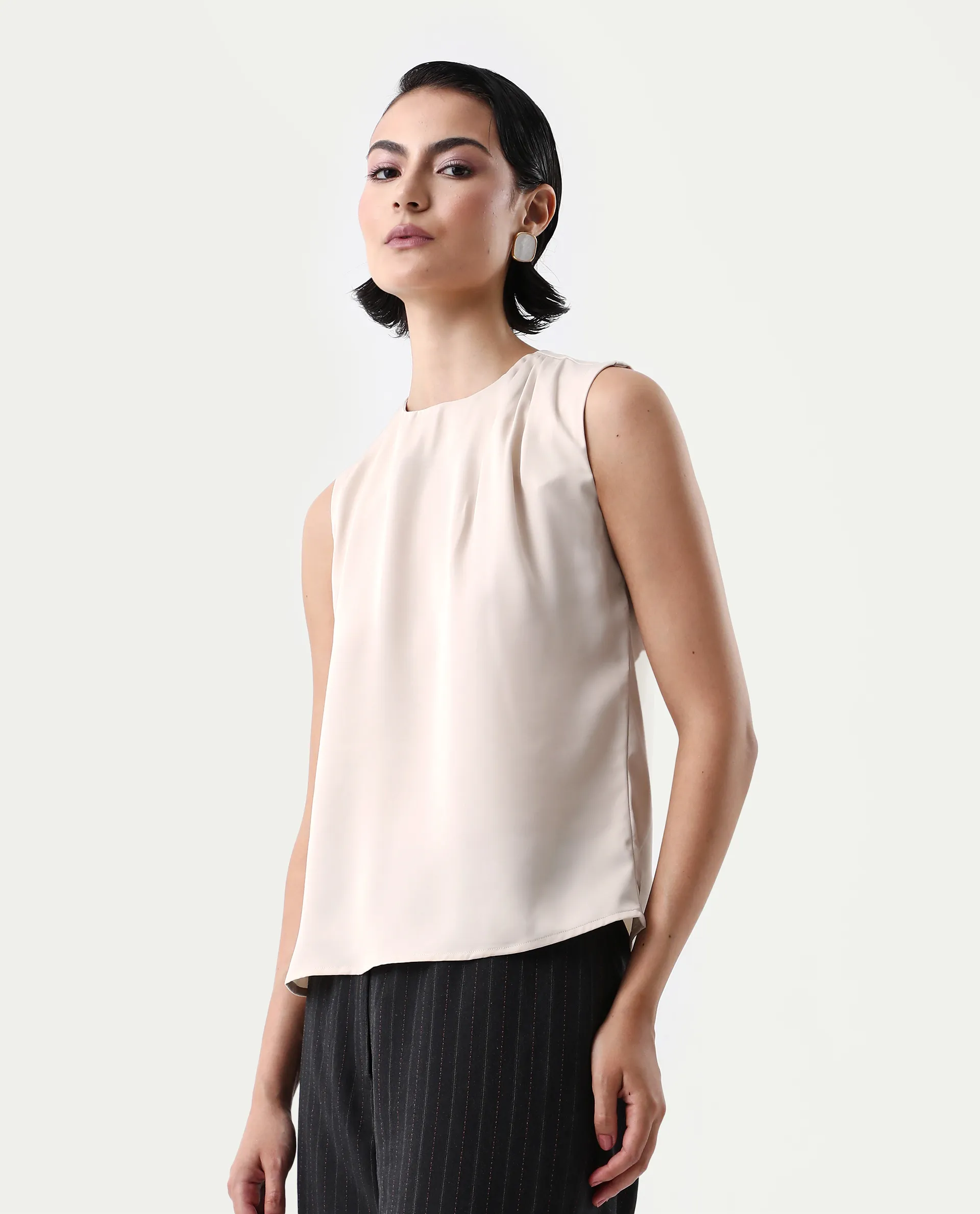 Rareism Women's Aviso Beige Polyester Round Neck Regular Fit Plain Top - Image 5