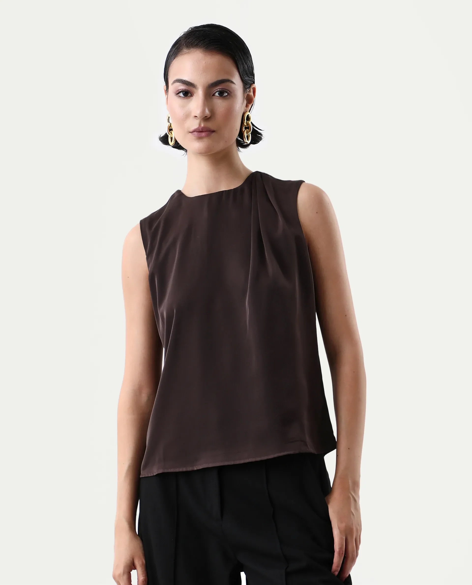 Rareism Women's Aviso Brown Polyester Round Neck Regular Fit Plain Top - Image 3