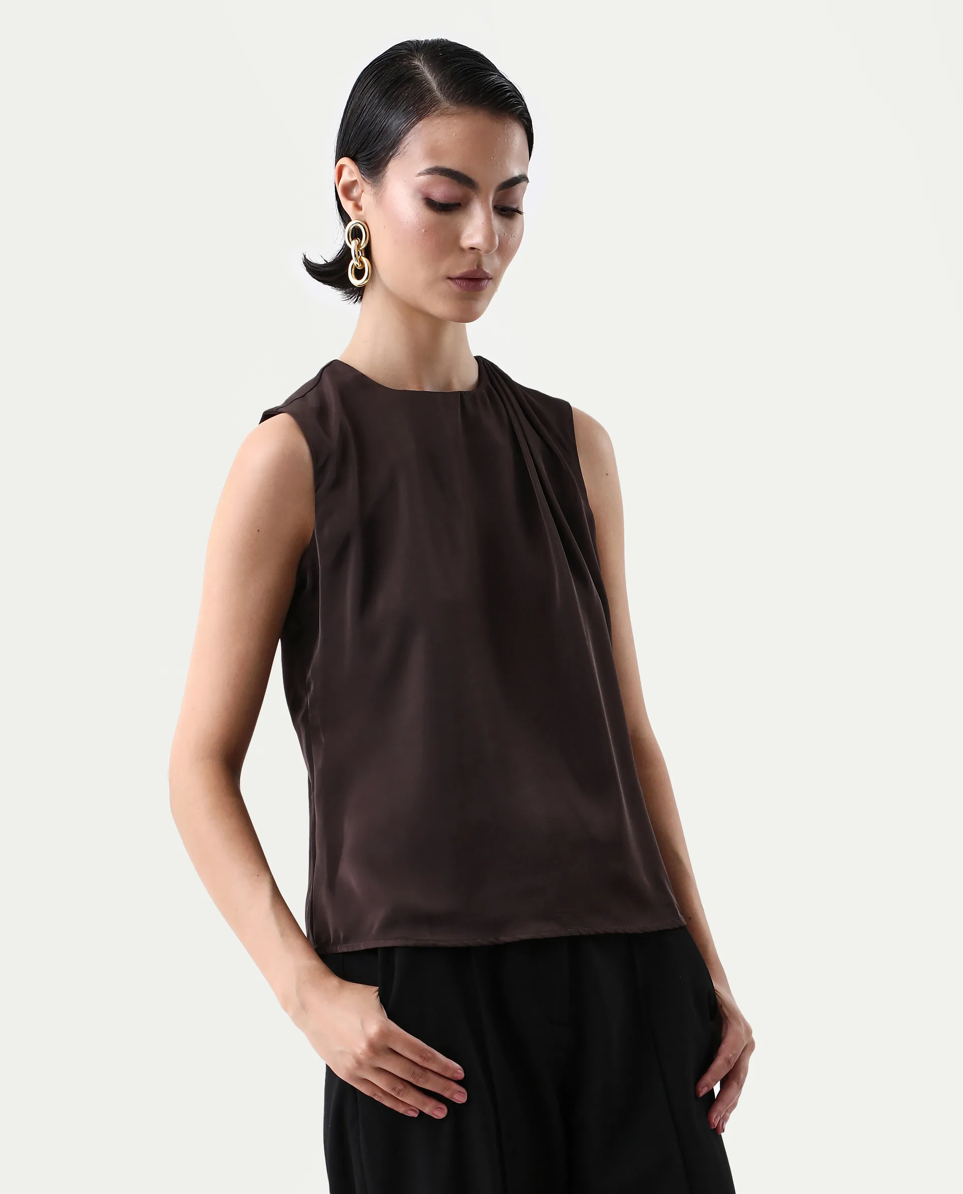 Rareism Women's Aviso Brown Polyester Round Neck Regular Fit Plain Top - Image 5