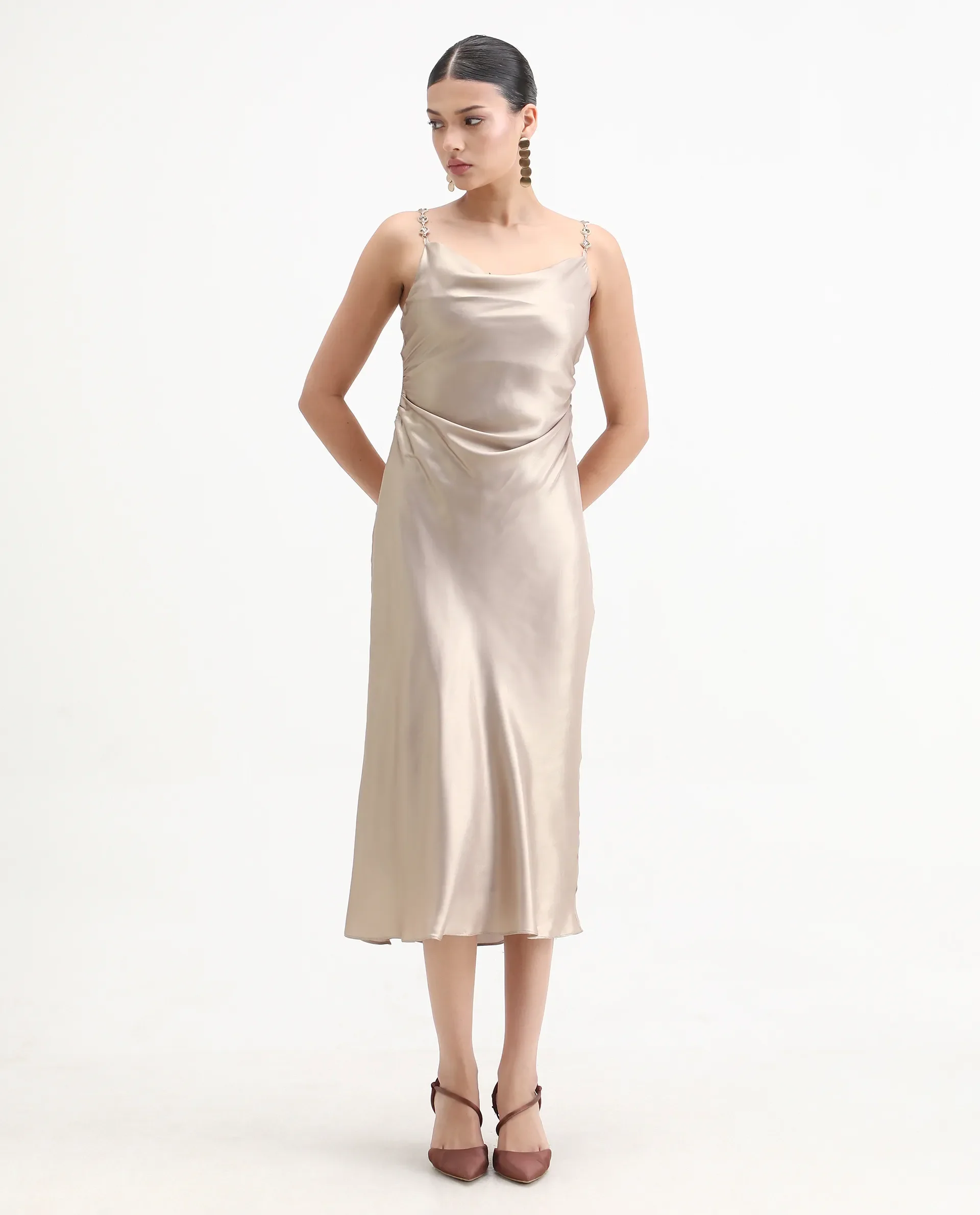 Rareism Women's Avita Beige Polyester Shoulder Straps Fit And Flare Plain Dress - Image 2