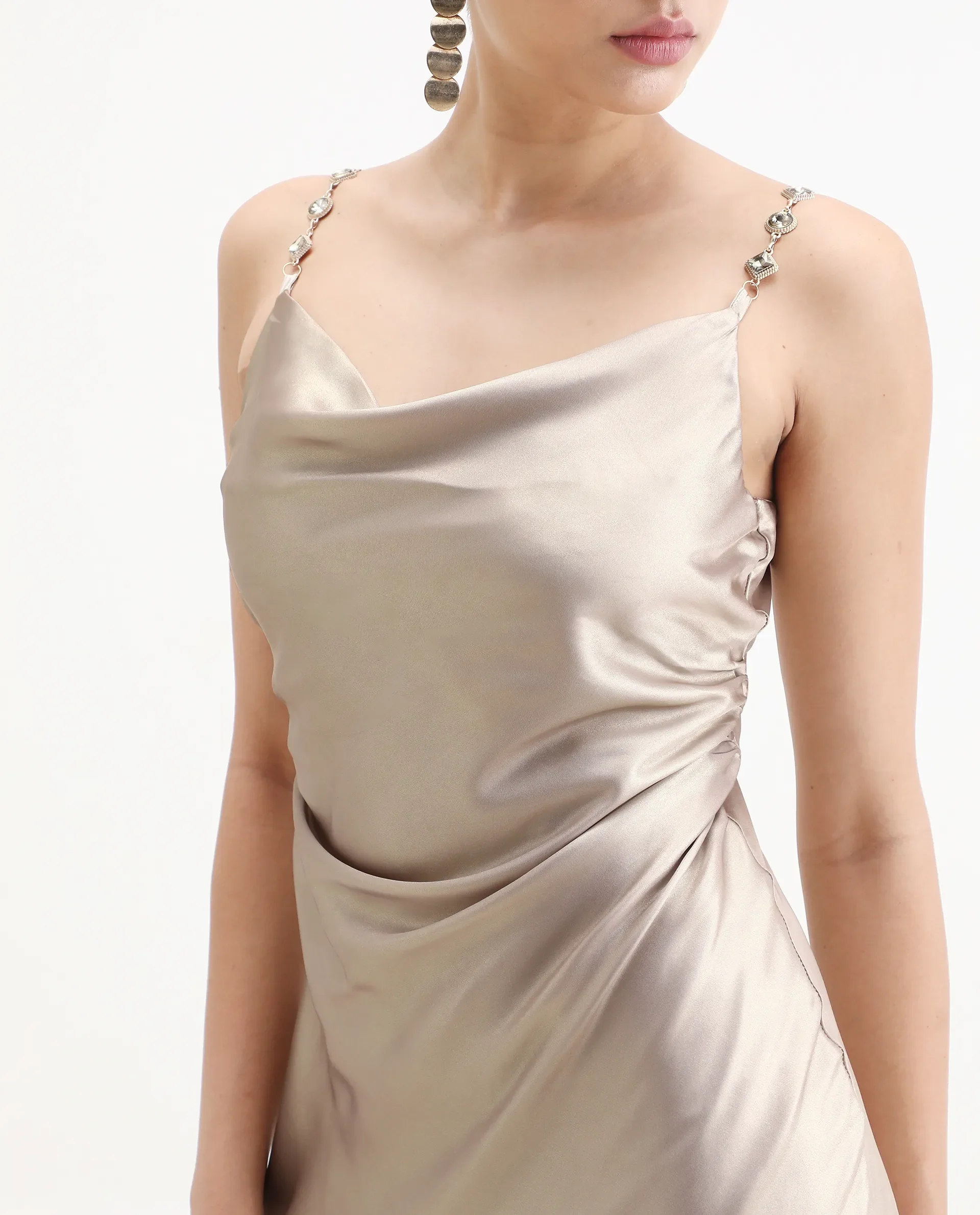 Rareism Women's Avita Beige Polyester Shoulder Straps Fit And Flare Plain Dress - Image 4