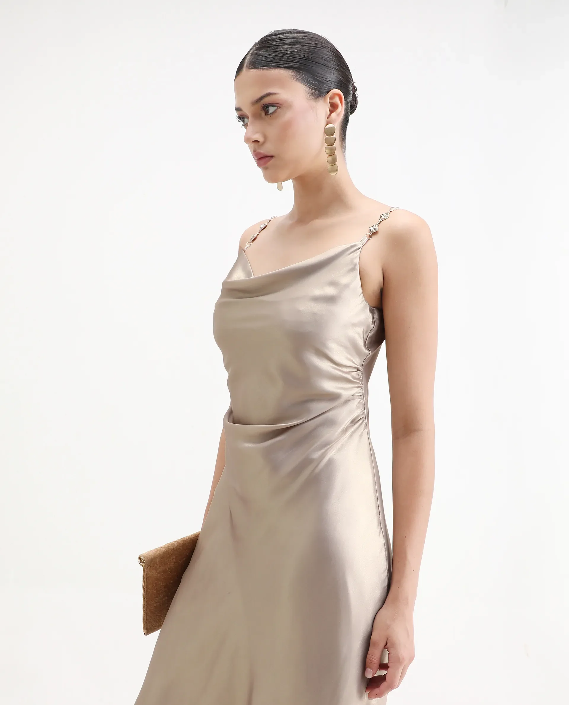 Rareism Women's Avita Beige Polyester Shoulder Straps Fit And Flare Plain Dress - Image 5