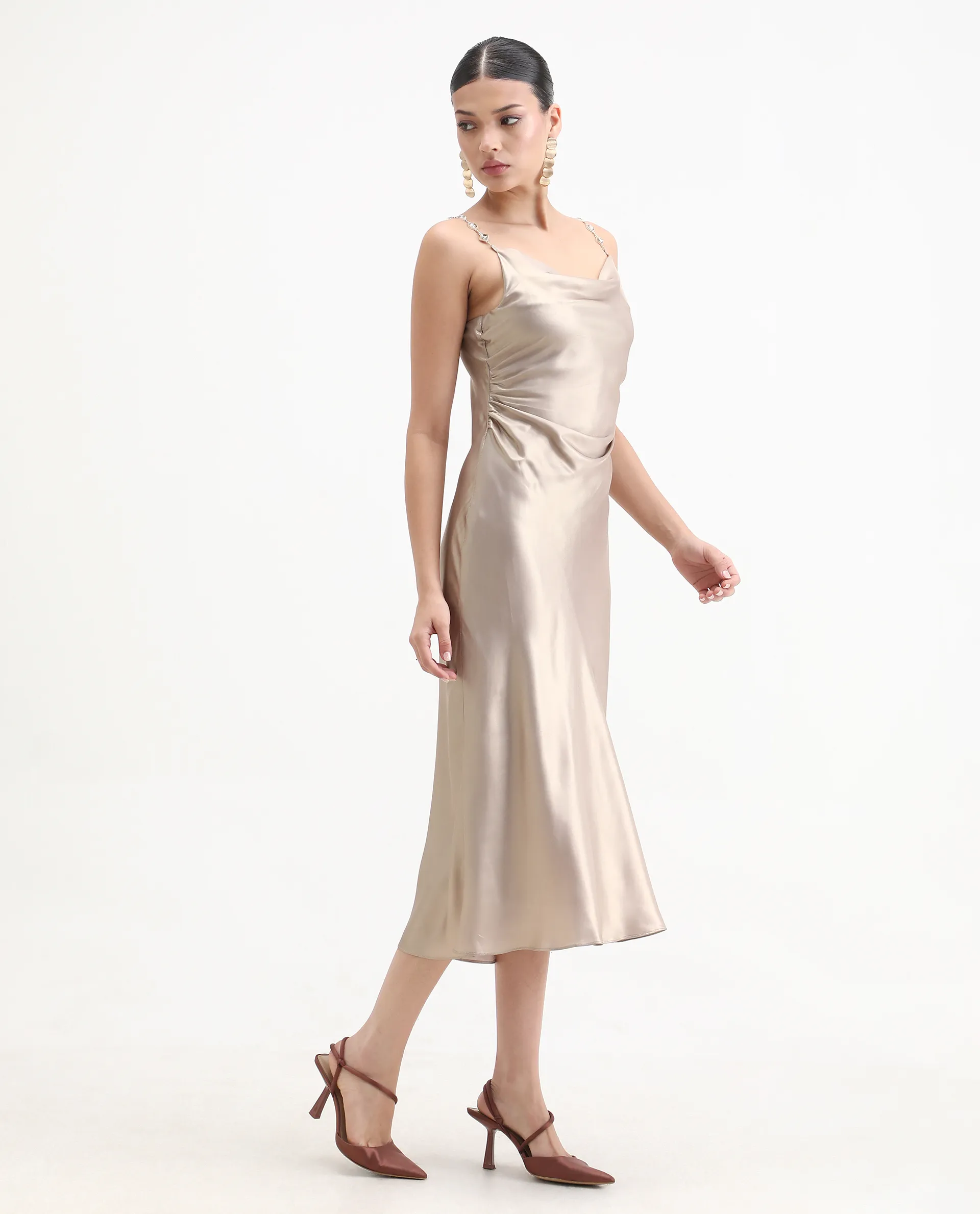 Rareism Women's Avita Beige Polyester Shoulder Straps Fit And Flare Plain Dress - Image 6