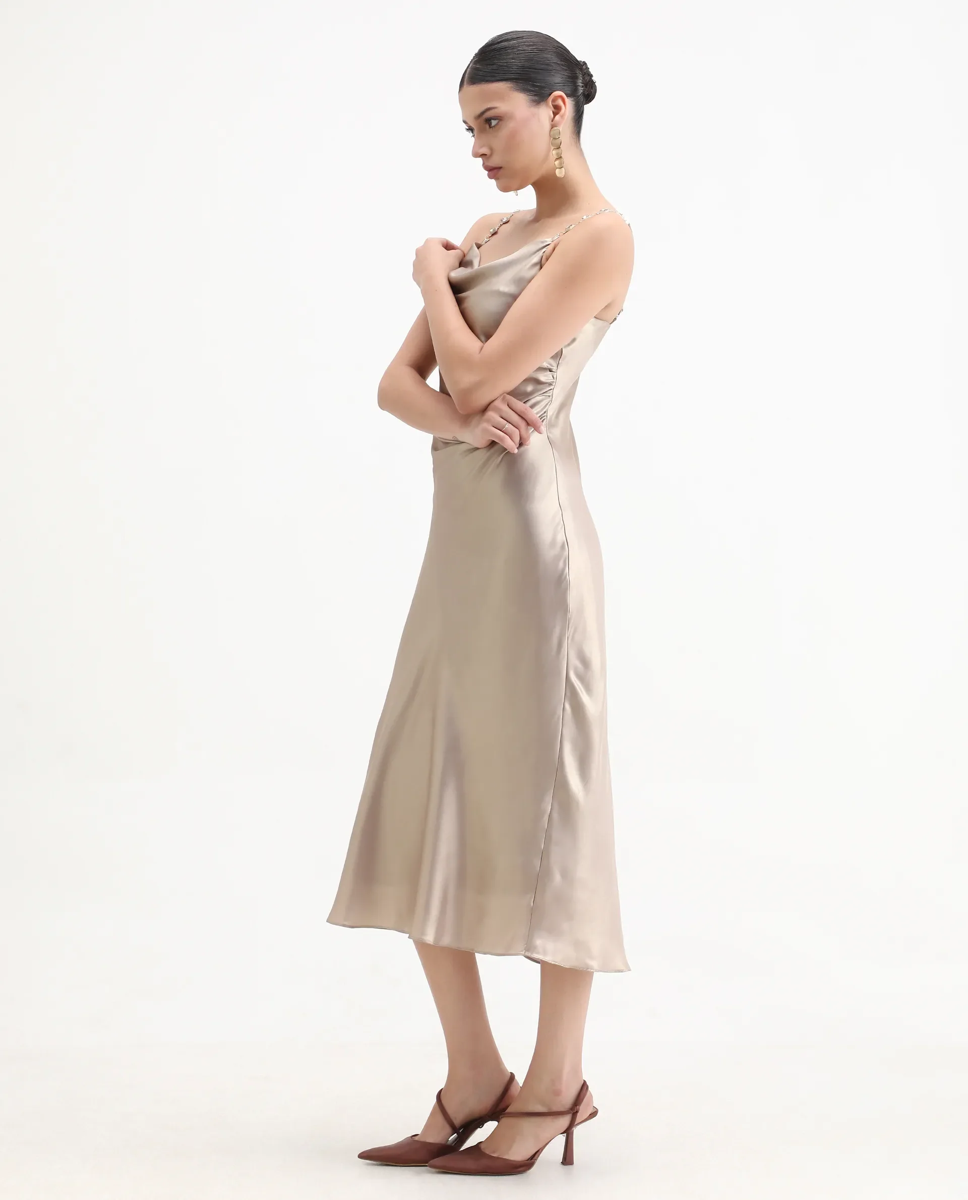 Rareism Women's Avita Beige Polyester Shoulder Straps Fit And Flare Plain Dress - Image 7