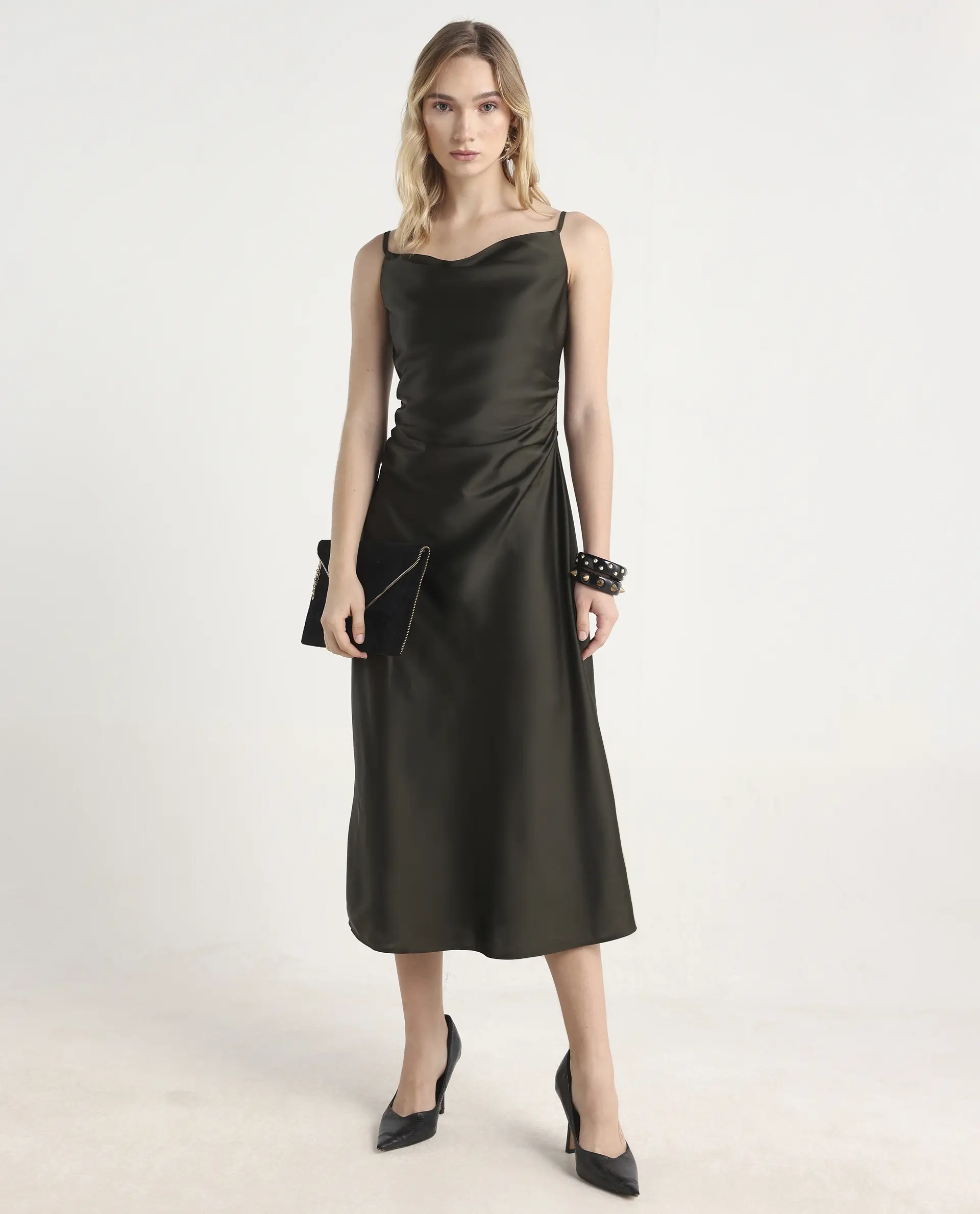 Rareism Women's Avital Olive Polyester Fitted Midi Dress