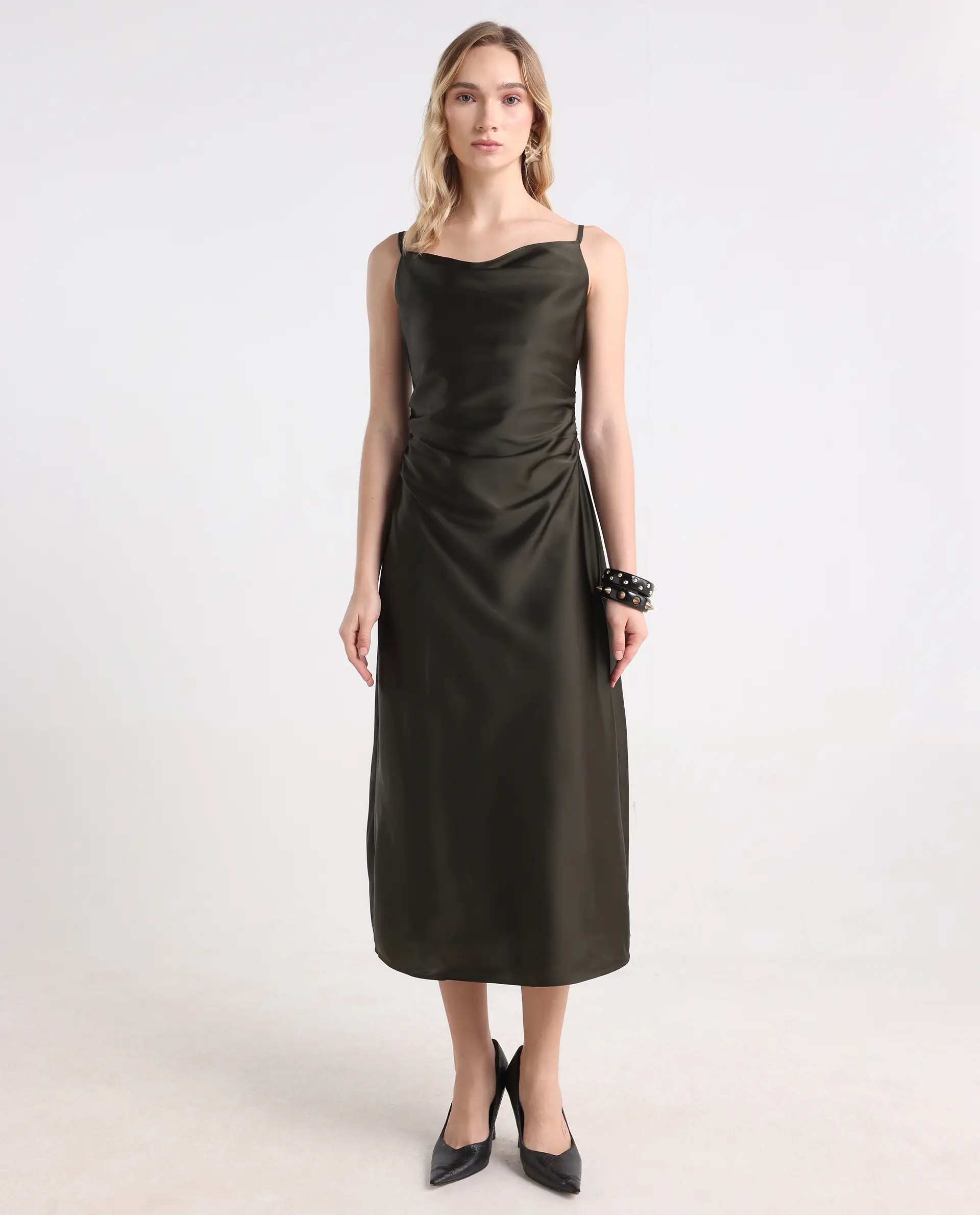 Rareism Women's Avital Olive Polyester Fitted Midi Dress - Image 3