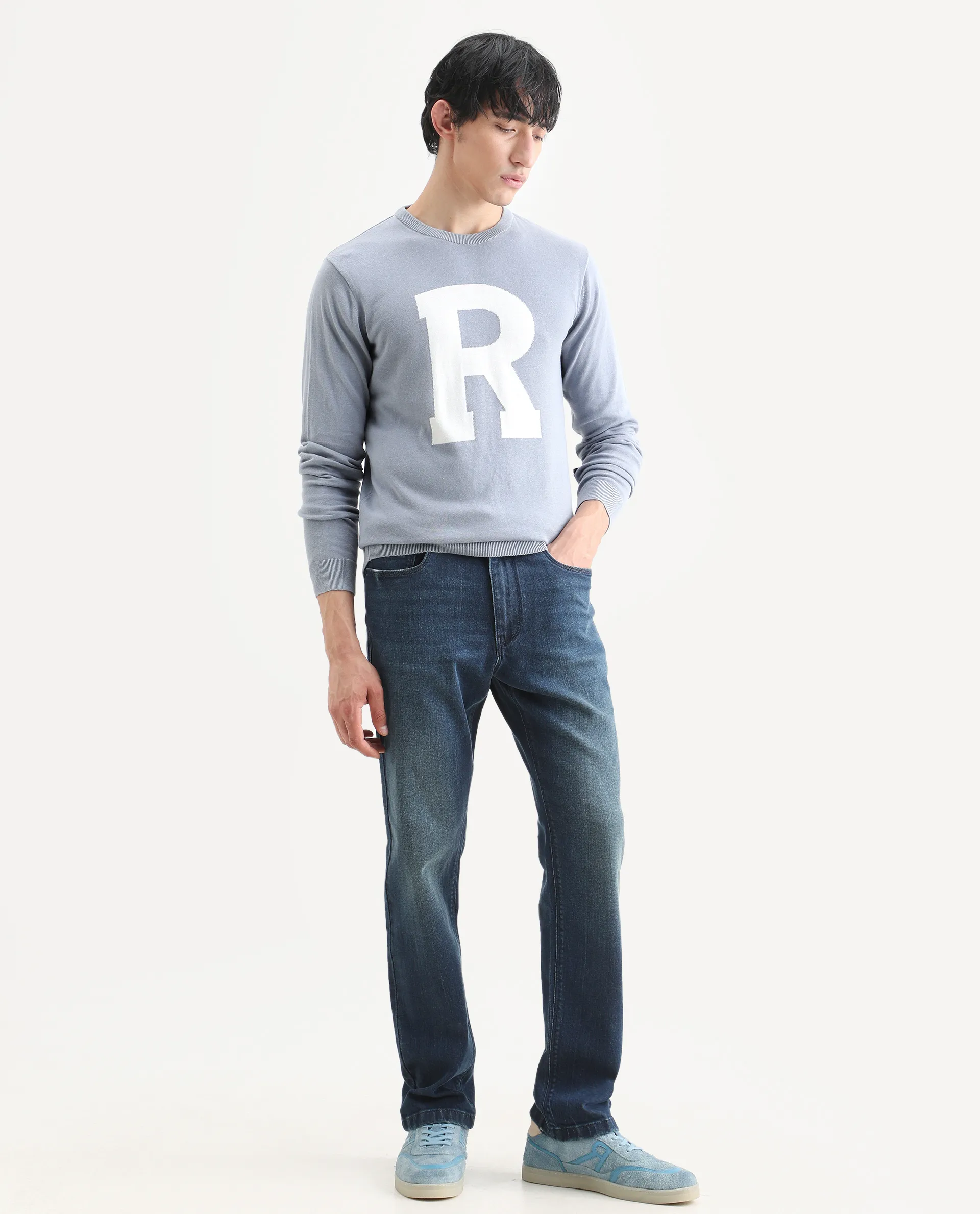 Rare Rabbit Men's Avitt Blue Cotton Jacquard Regular Fit Full Sleeve Crew Neck Sweater - Image 2