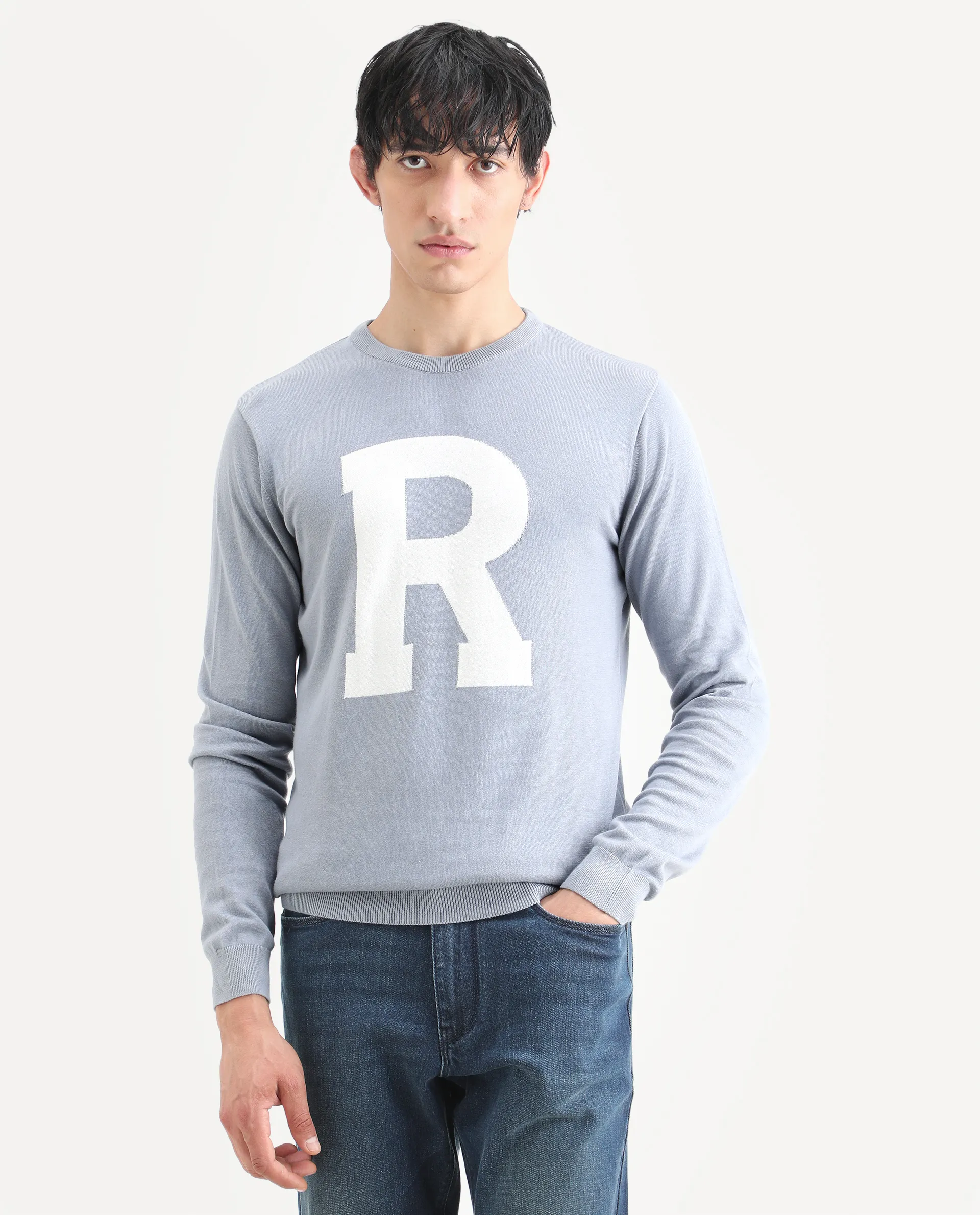 Rare Rabbit Men's Avitt Blue Cotton Jacquard Regular Fit Full Sleeve Crew Neck Sweater - Image 3