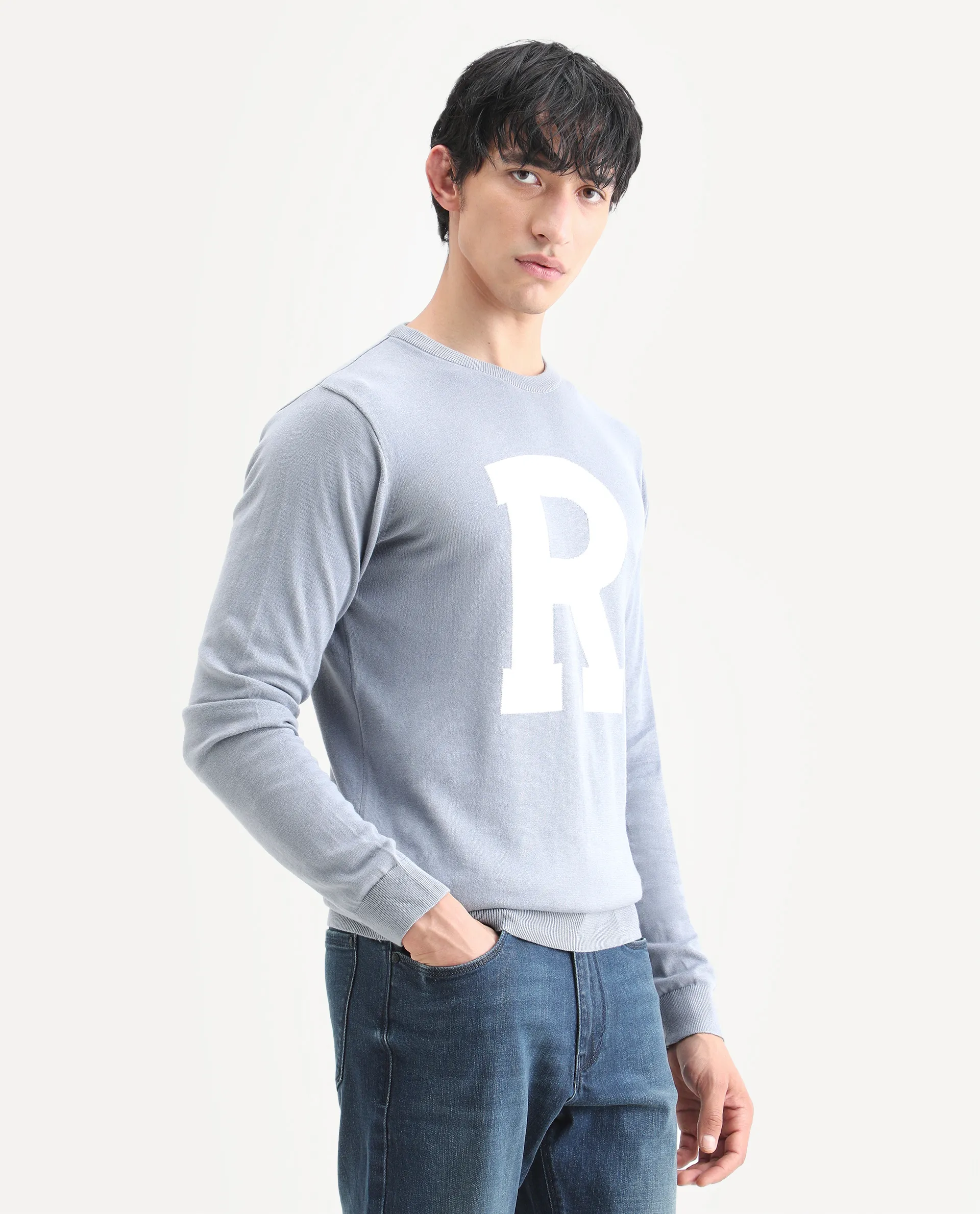 Rare Rabbit Men's Avitt Blue Cotton Jacquard Regular Fit Full Sleeve Crew Neck Sweater - Image 6