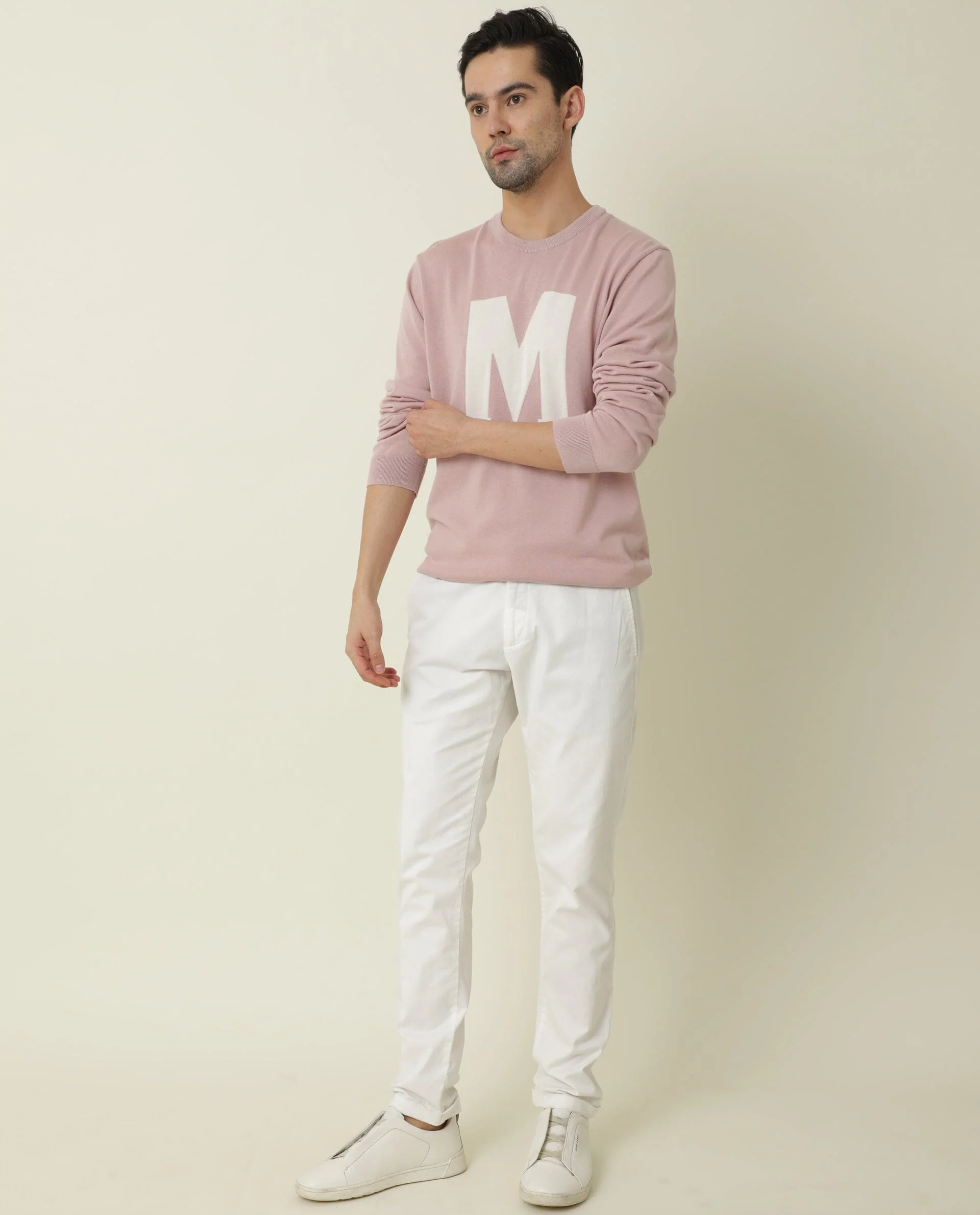 Rare Rabbit Men's Avitt Pink Cotton Jacquard Regular Fit Full Sleeve Crew Neck Sweater - Image 2