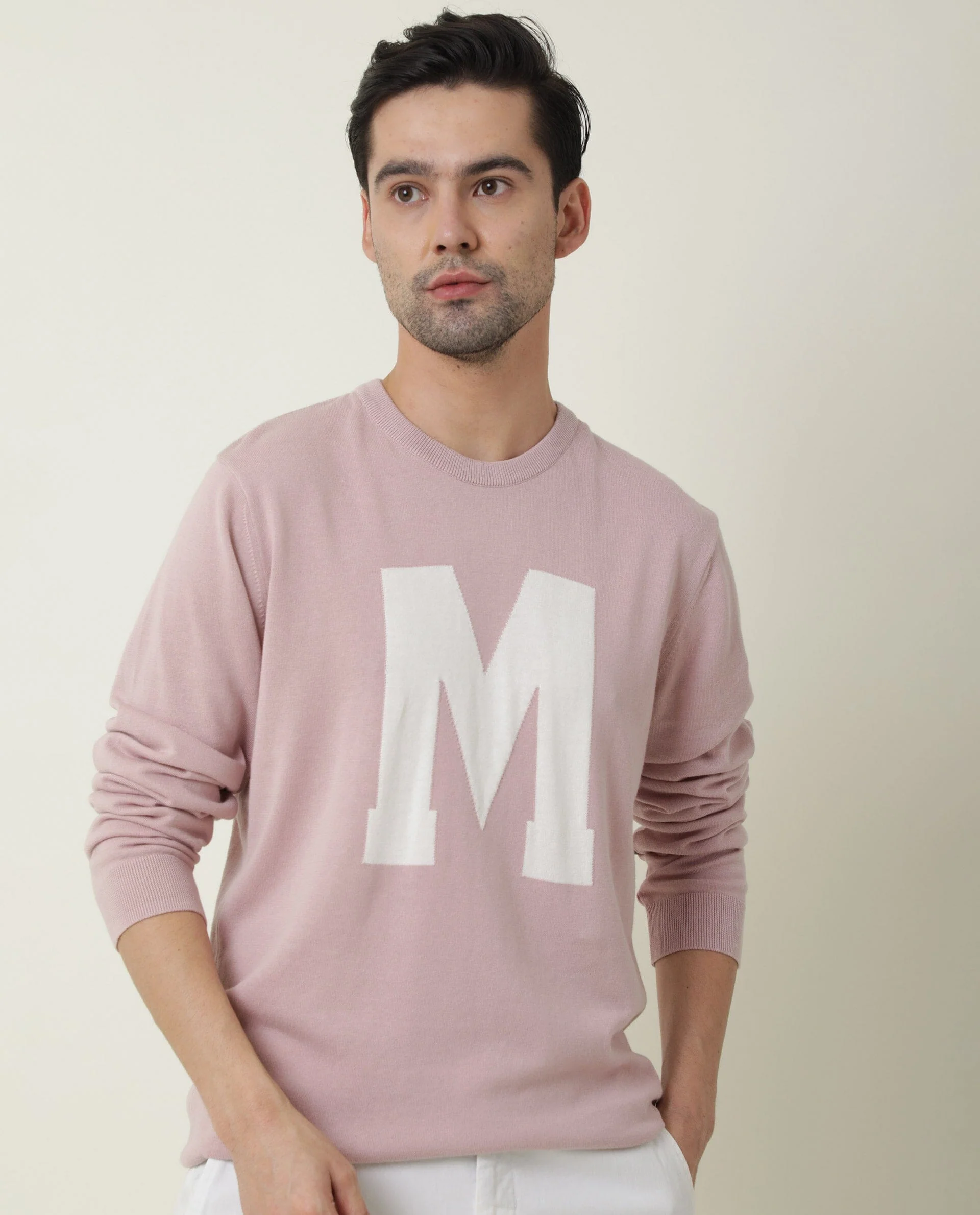 Rare Rabbit Men's Avitt Pink Cotton Jacquard Regular Fit Full Sleeve Crew Neck Sweater - Image 3