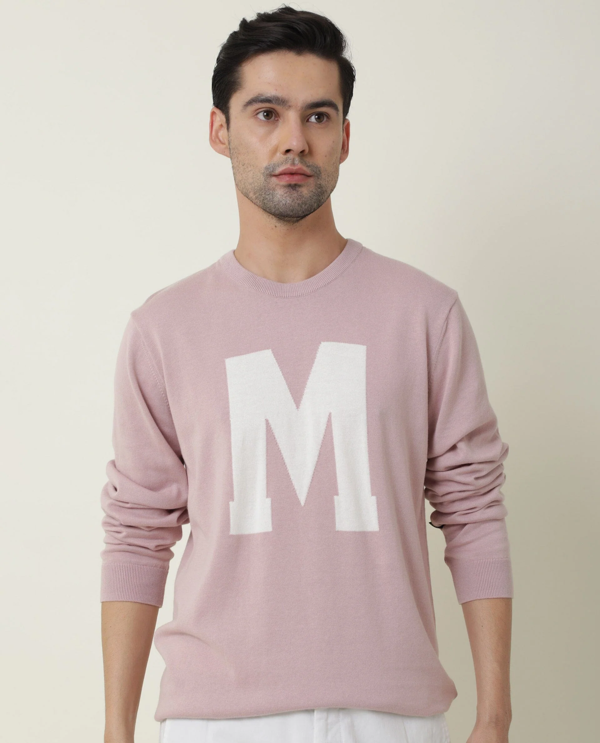Rare Rabbit Men's Avitt Pink Cotton Jacquard Regular Fit Full Sleeve Crew Neck Sweater - Image 4