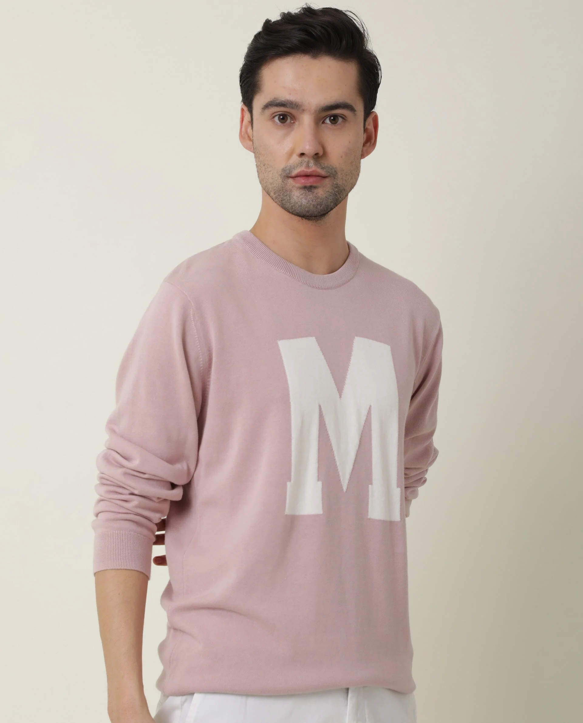 Rare Rabbit Men's Avitt Pink Cotton Jacquard Regular Fit Full Sleeve Crew Neck Sweater - Image 5