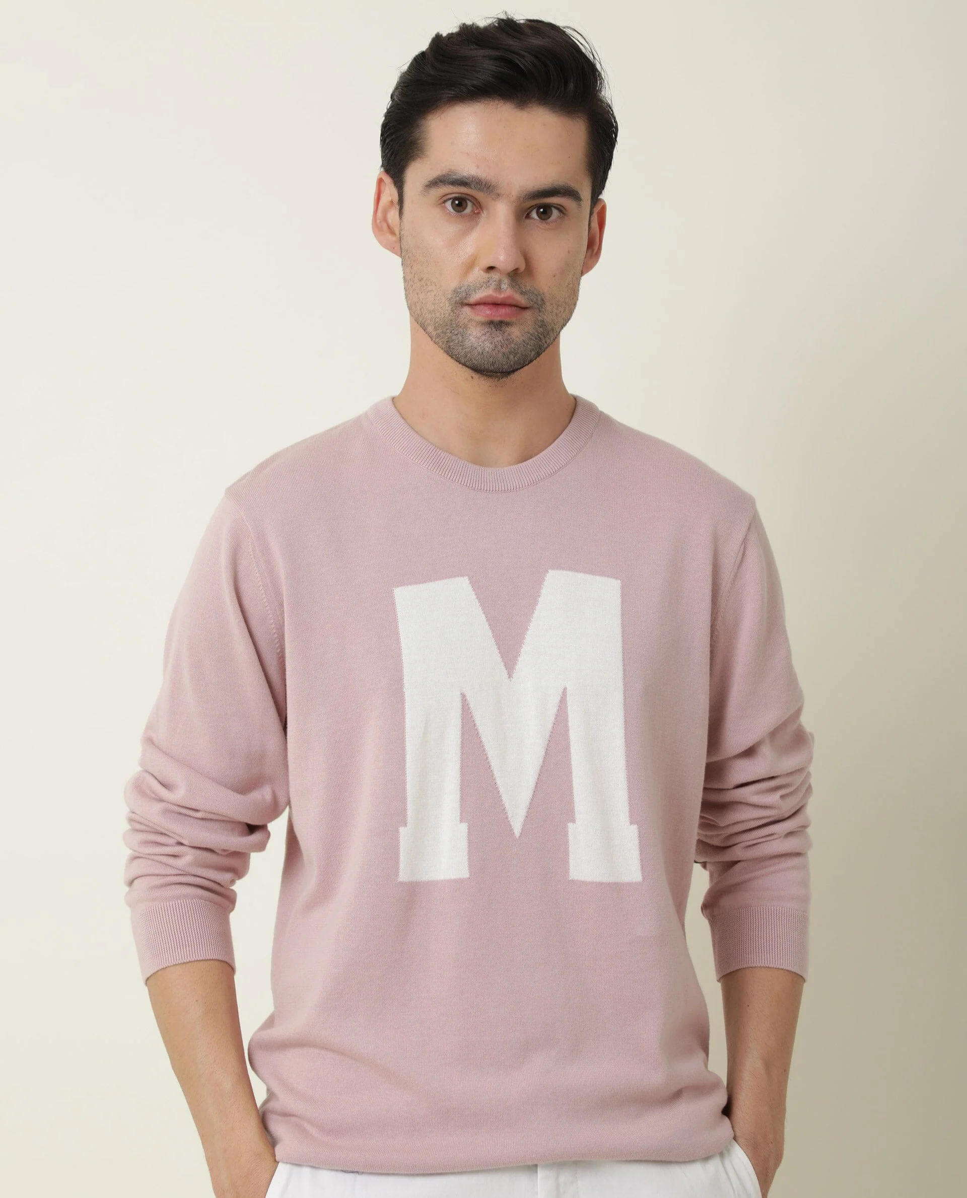 Rare Rabbit Men's Avitt Pink Cotton Jacquard Regular Fit Full Sleeve Crew Neck Sweater - Image 6