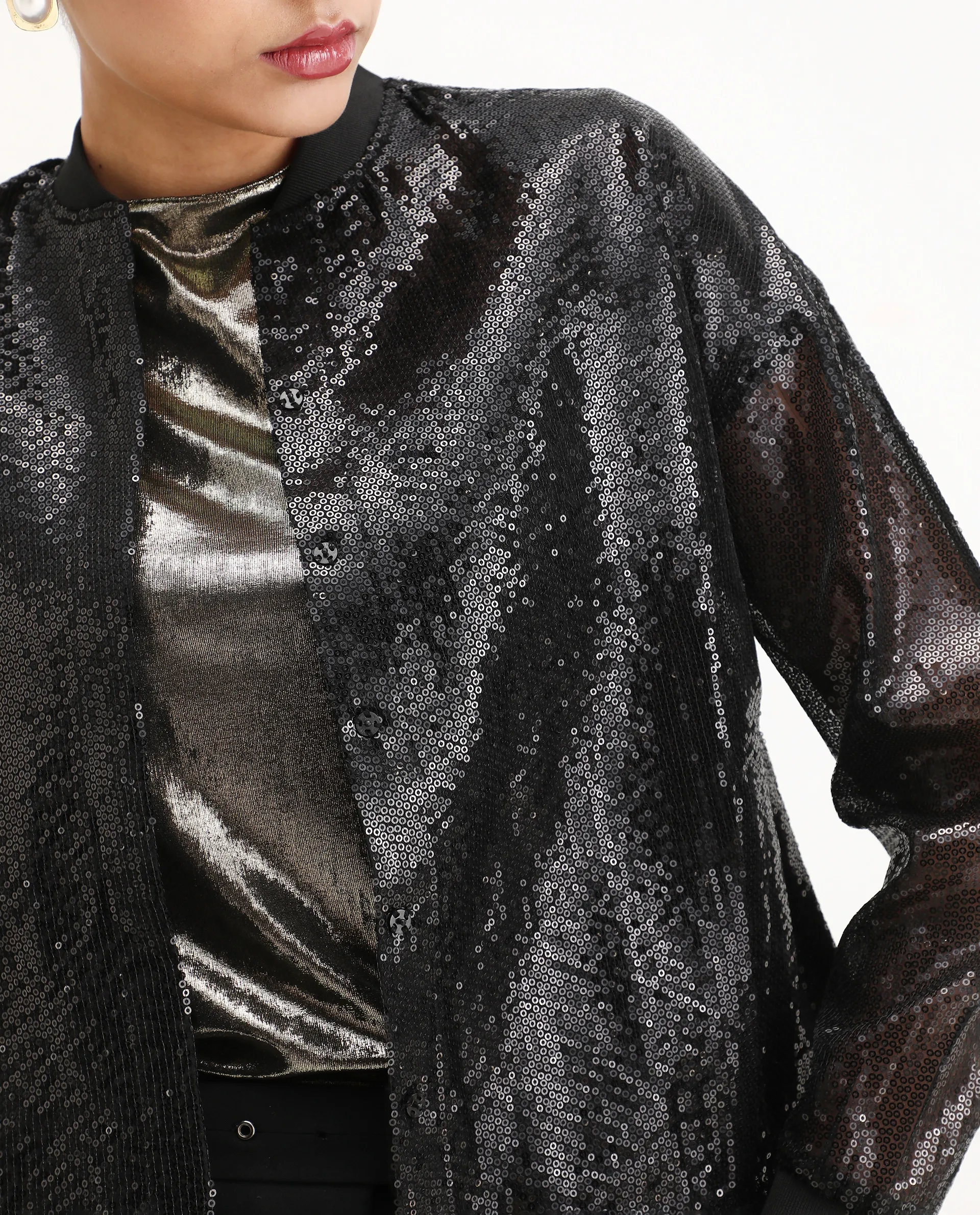 Rareism Women's Aviuby Black Polyester Ribbed Collar Regular Fit Jacket - Image 4