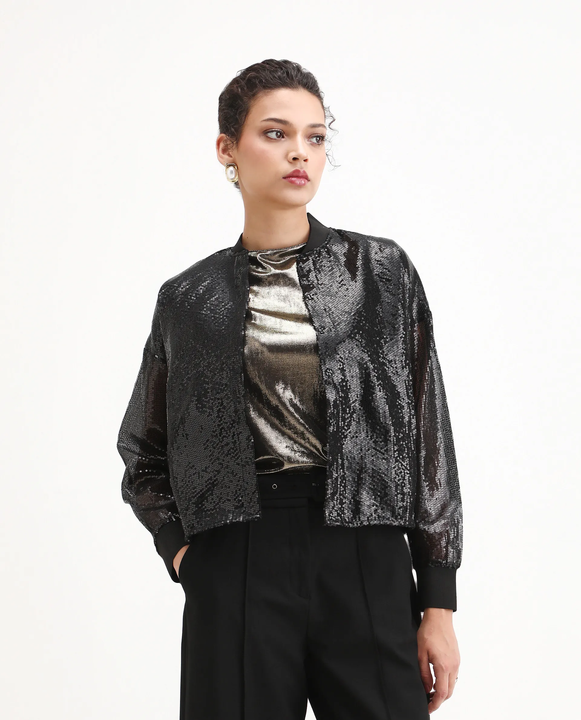 Rareism Women's Aviuby Black Polyester Ribbed Collar Regular Fit Jacket - Image 5