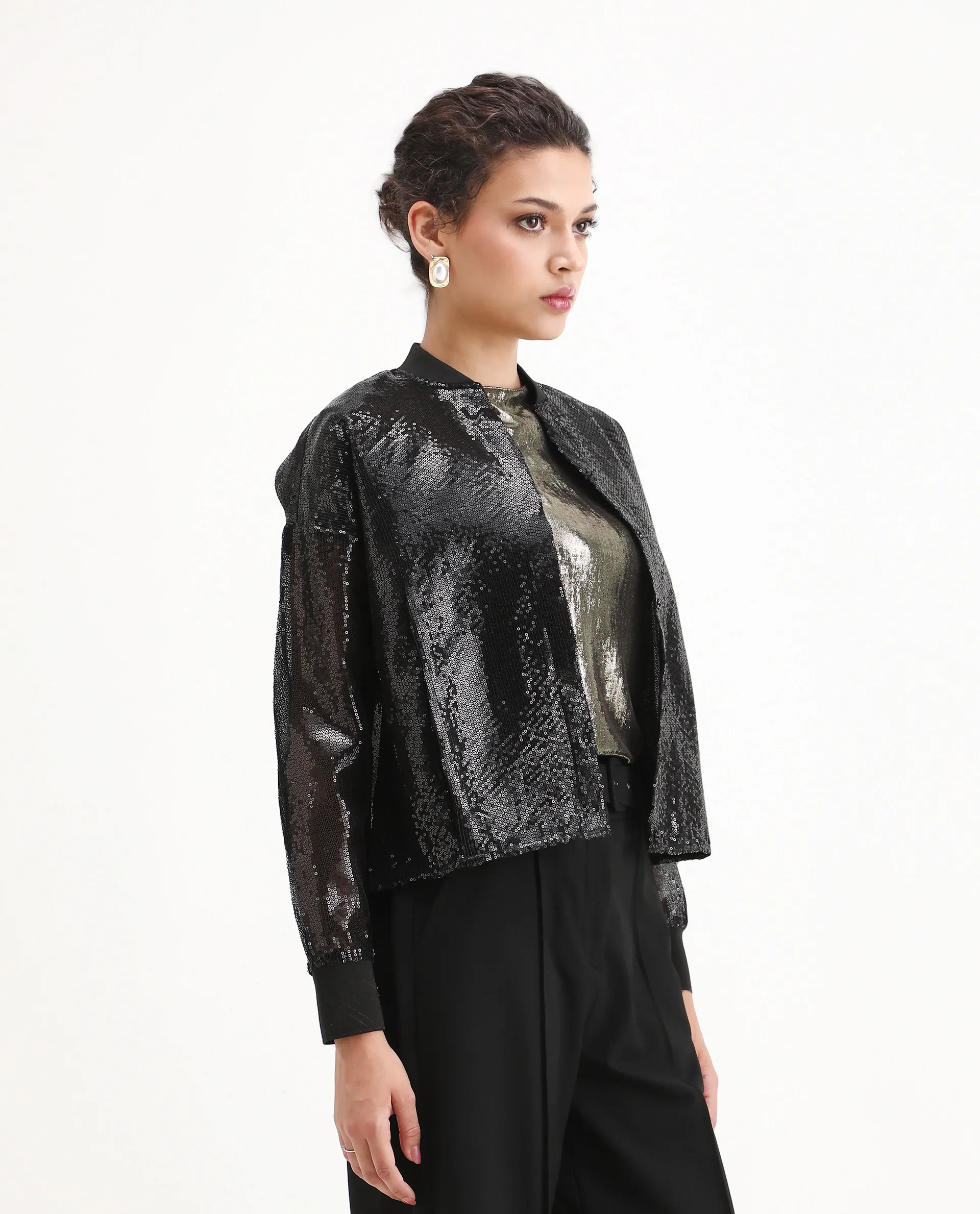 Rareism Women's Aviuby Black Polyester Ribbed Collar Regular Fit Jacket - Image 6