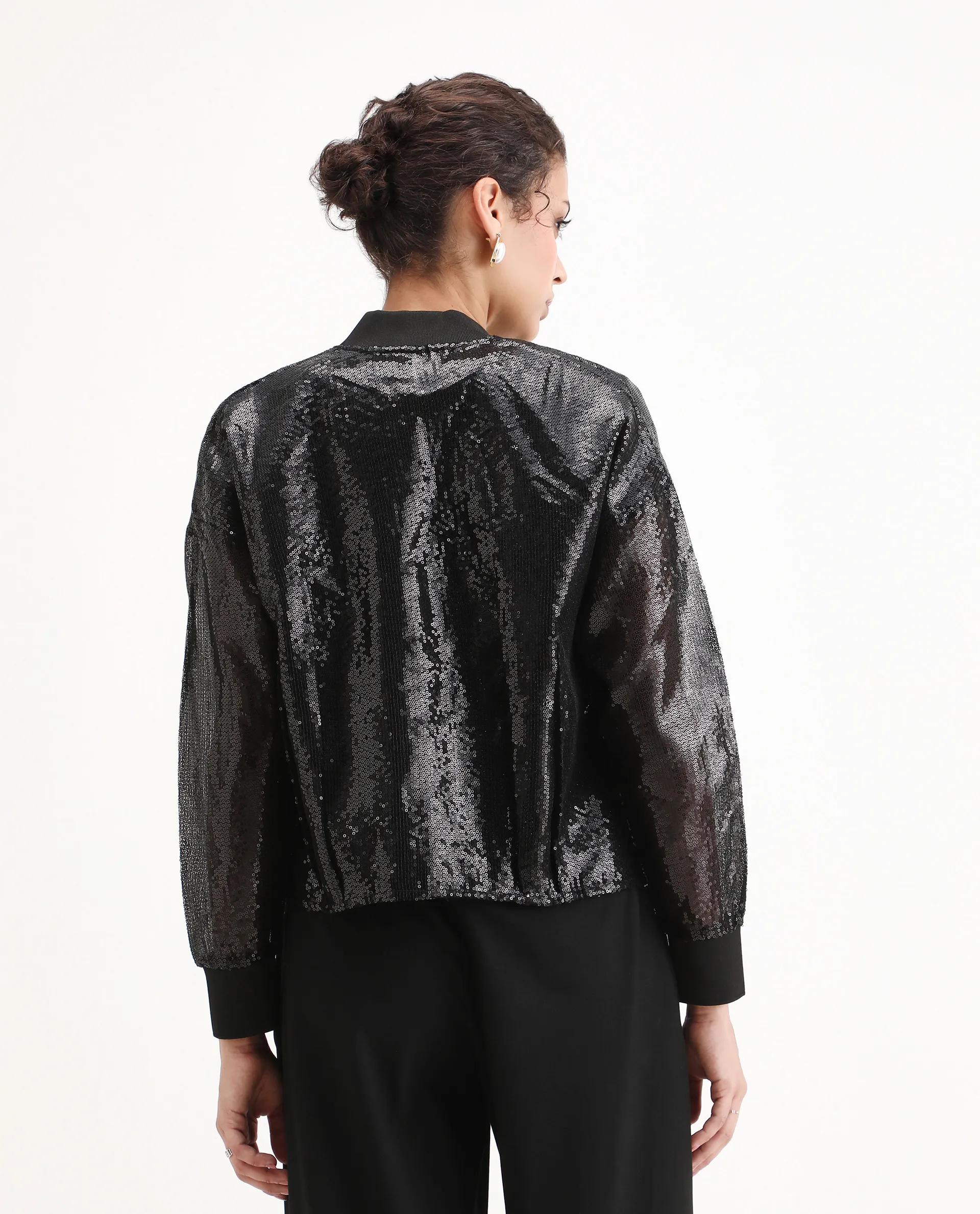 Rareism Women's Aviuby Black Polyester Ribbed Collar Regular Fit Jacket - Image 8