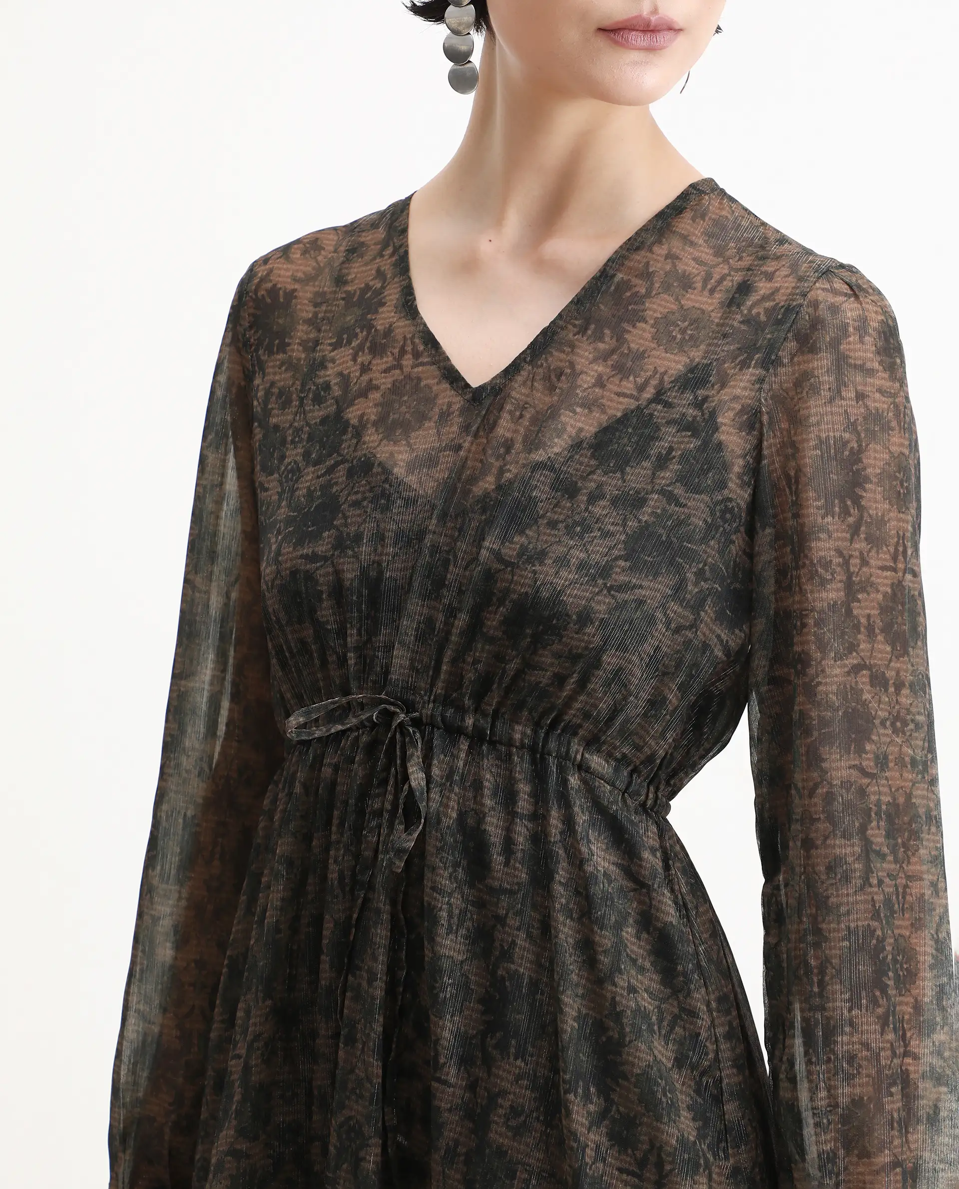 Rareism Women's Aviup Olive Polyester V-Neck Fit And Flare Floral Print Midi Dress - Image 3