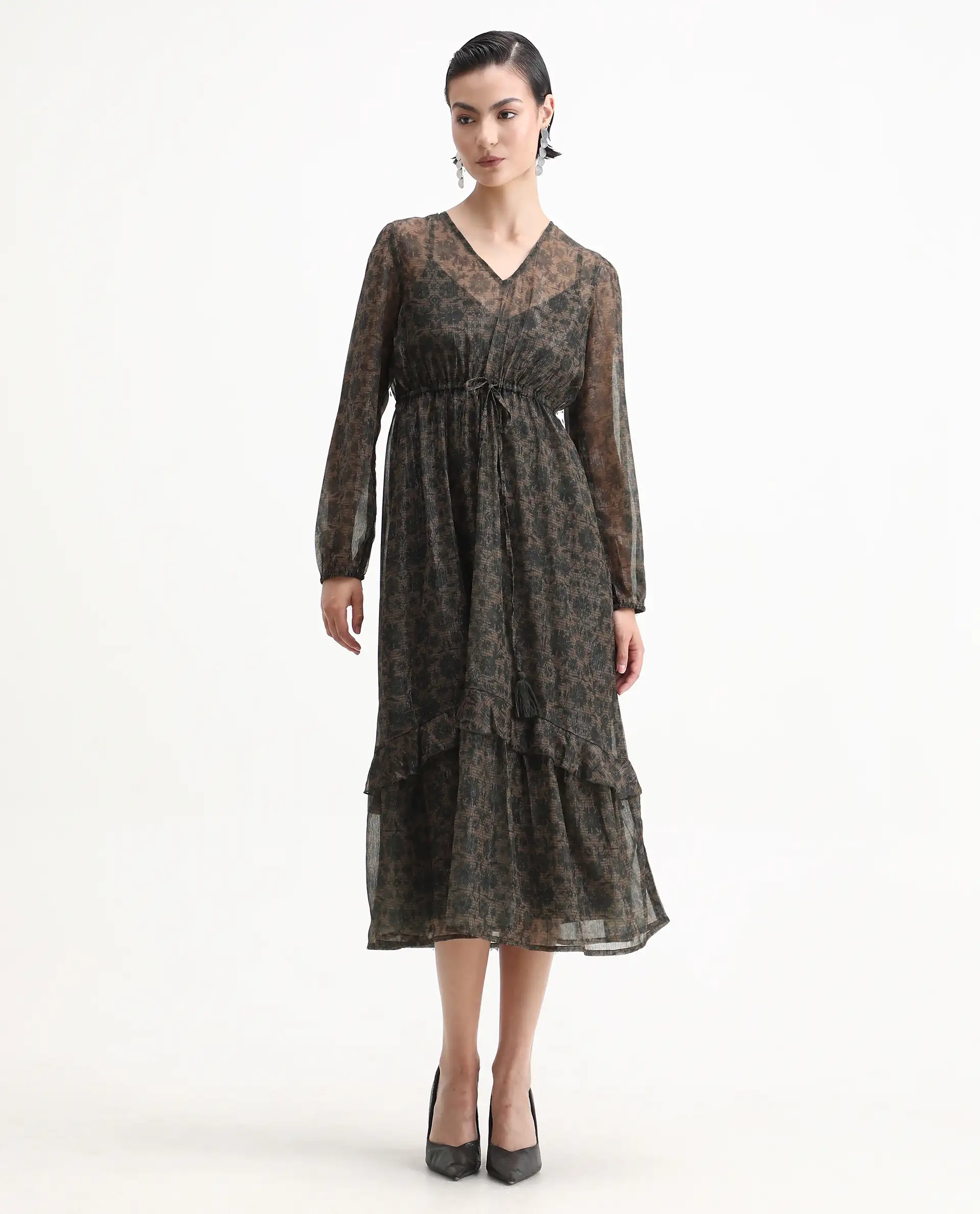 Rareism Women's Aviup Olive Polyester V-Neck Fit And Flare Floral Print Midi Dress - Image 4