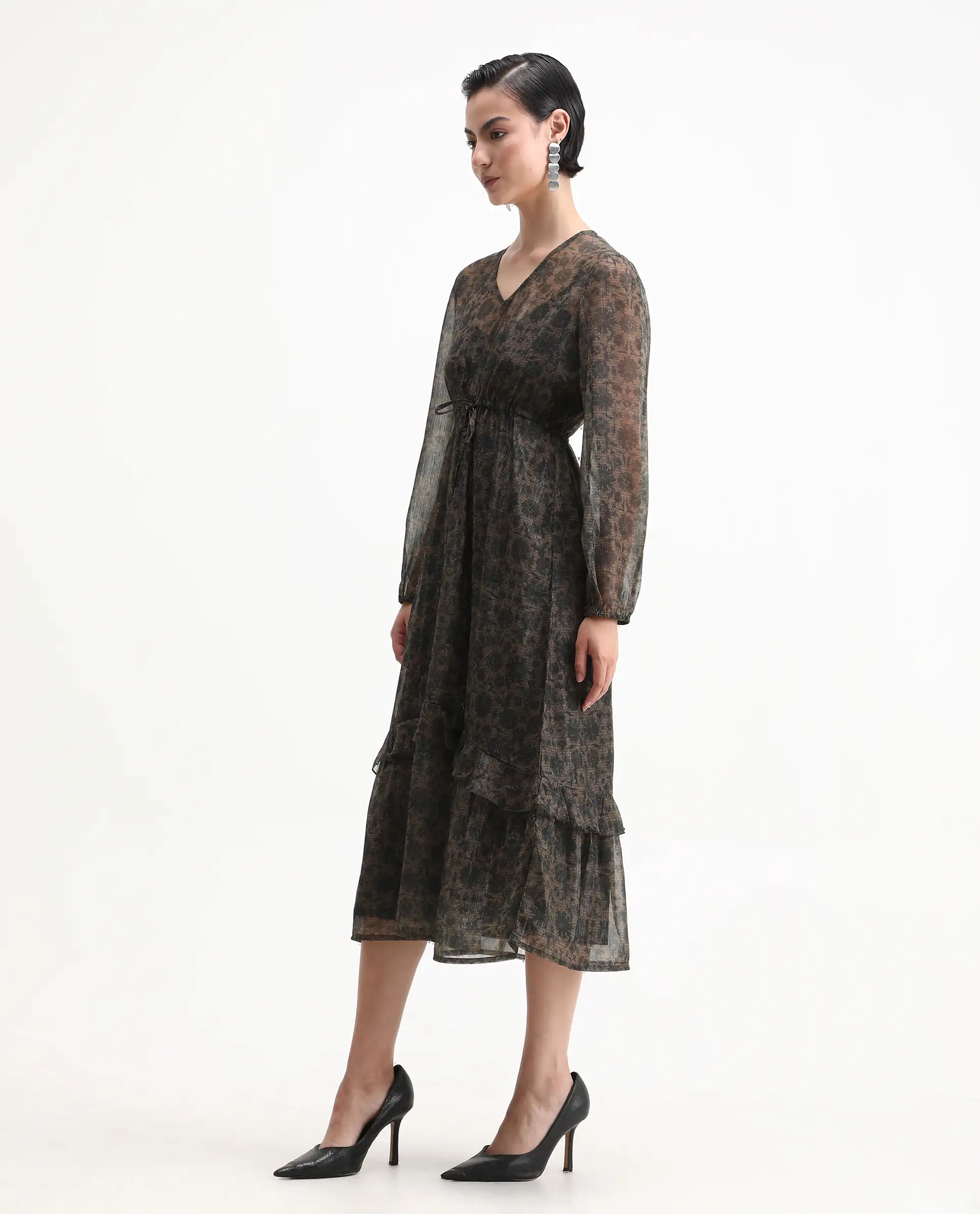 Rareism Women's Aviup Olive Polyester V-Neck Fit And Flare Floral Print Midi Dress - Image 5