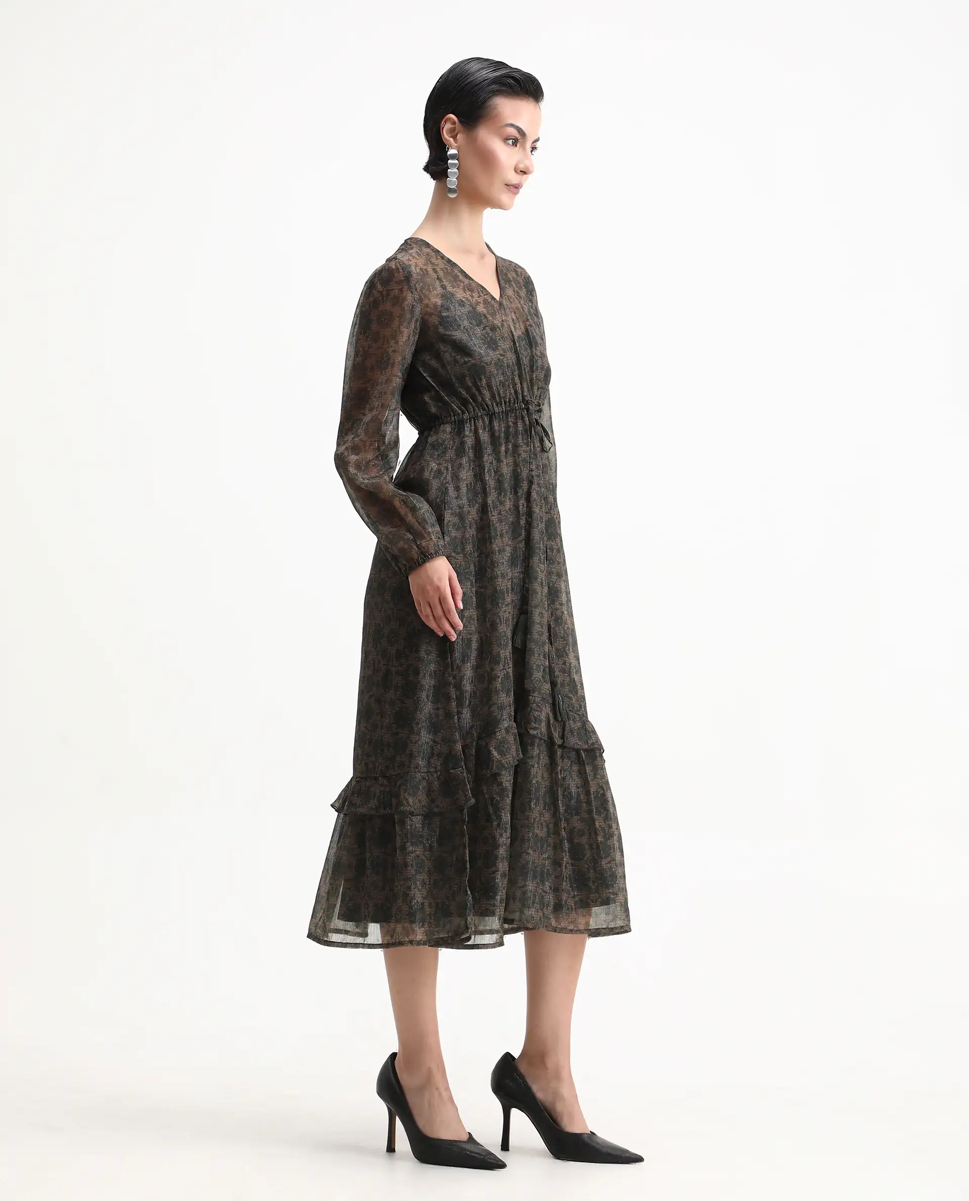 Rareism Women's Aviup Olive Polyester V-Neck Fit And Flare Floral Print Midi Dress - Image 6