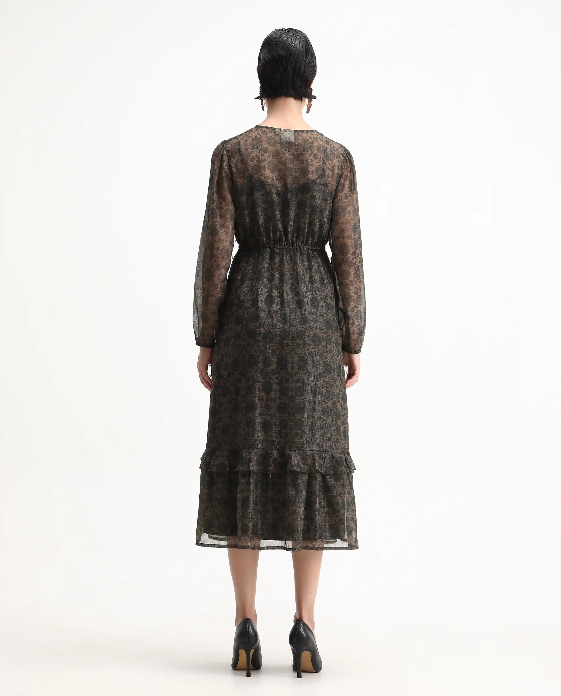 Rareism Women's Aviup Olive Polyester V-Neck Fit And Flare Floral Print Midi Dress - Image 7