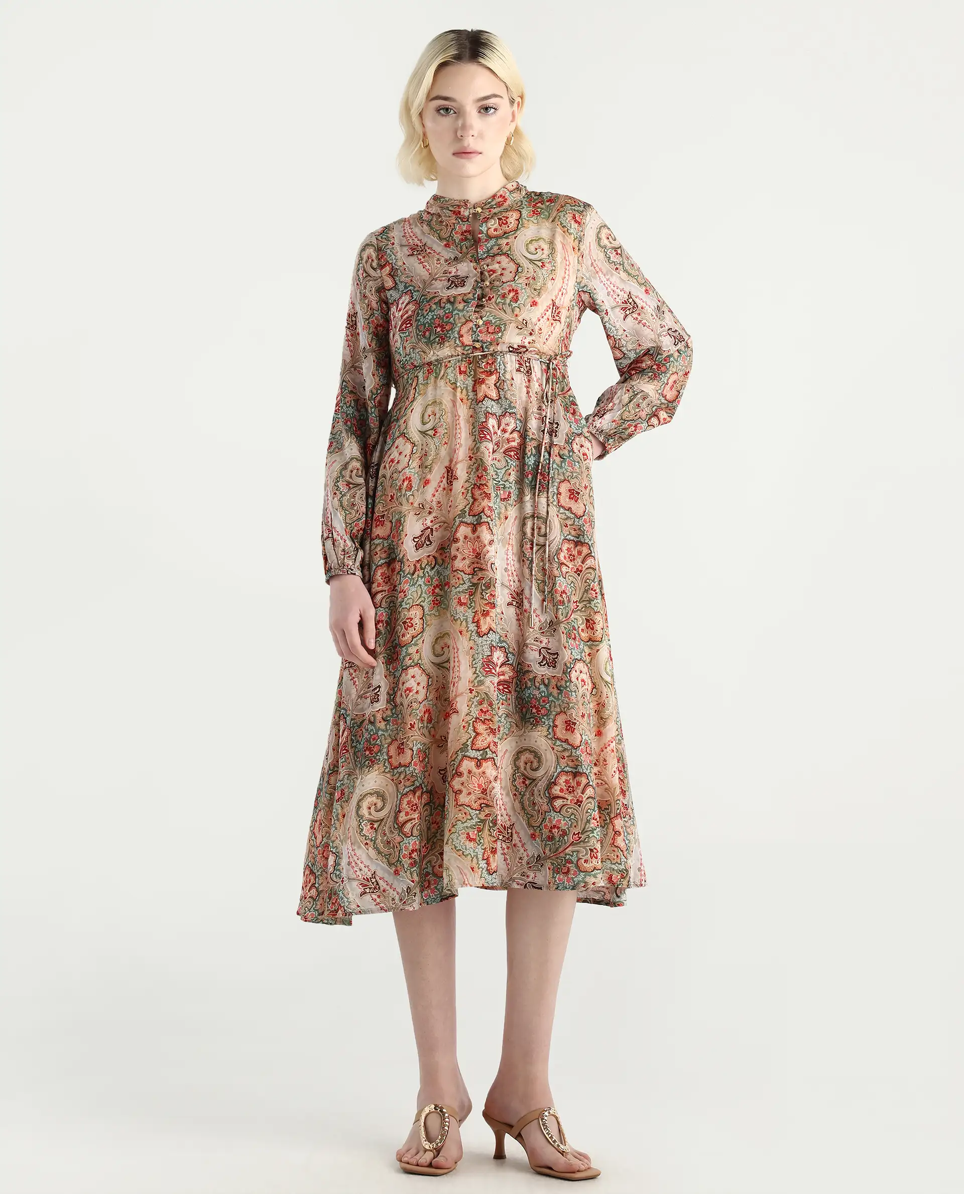 Rareism Women's Aviura Olive 100% Modal Band Collar Fit And Flare Printed Midi Dress - Image 2