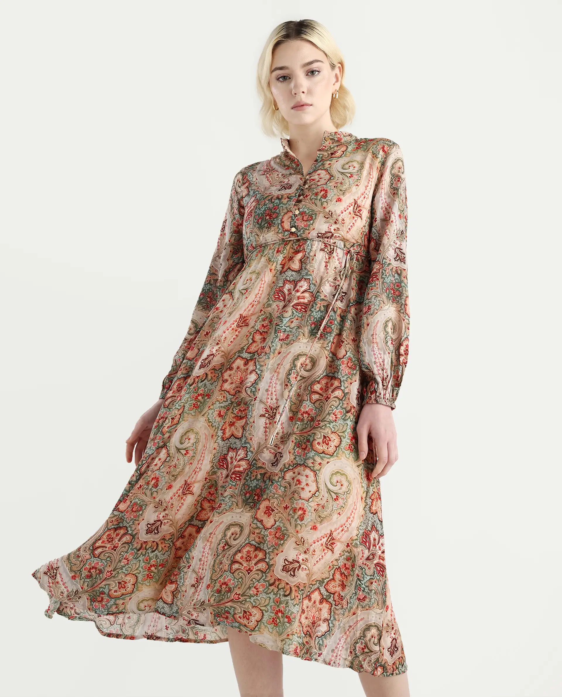 Rareism Women's Aviura Olive 100% Modal Band Collar Fit And Flare Printed Midi Dress - Image 3