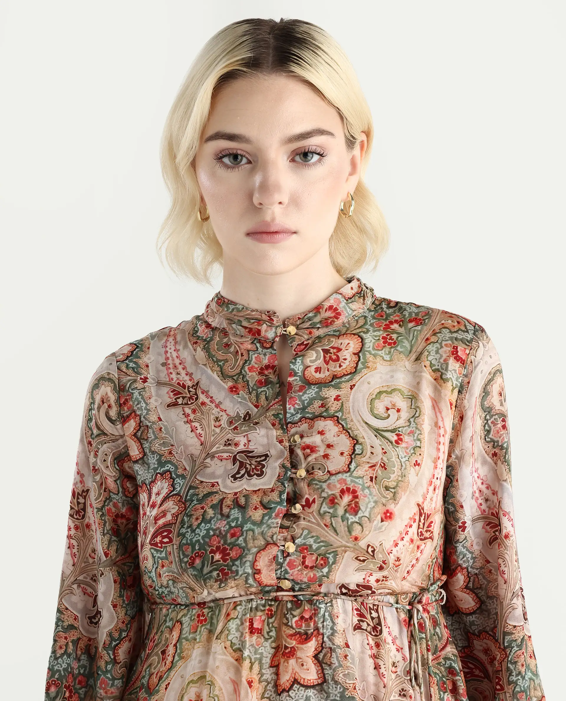 Rareism Women's Aviura Olive 100% Modal Band Collar Fit And Flare Printed Midi Dress - Image 4