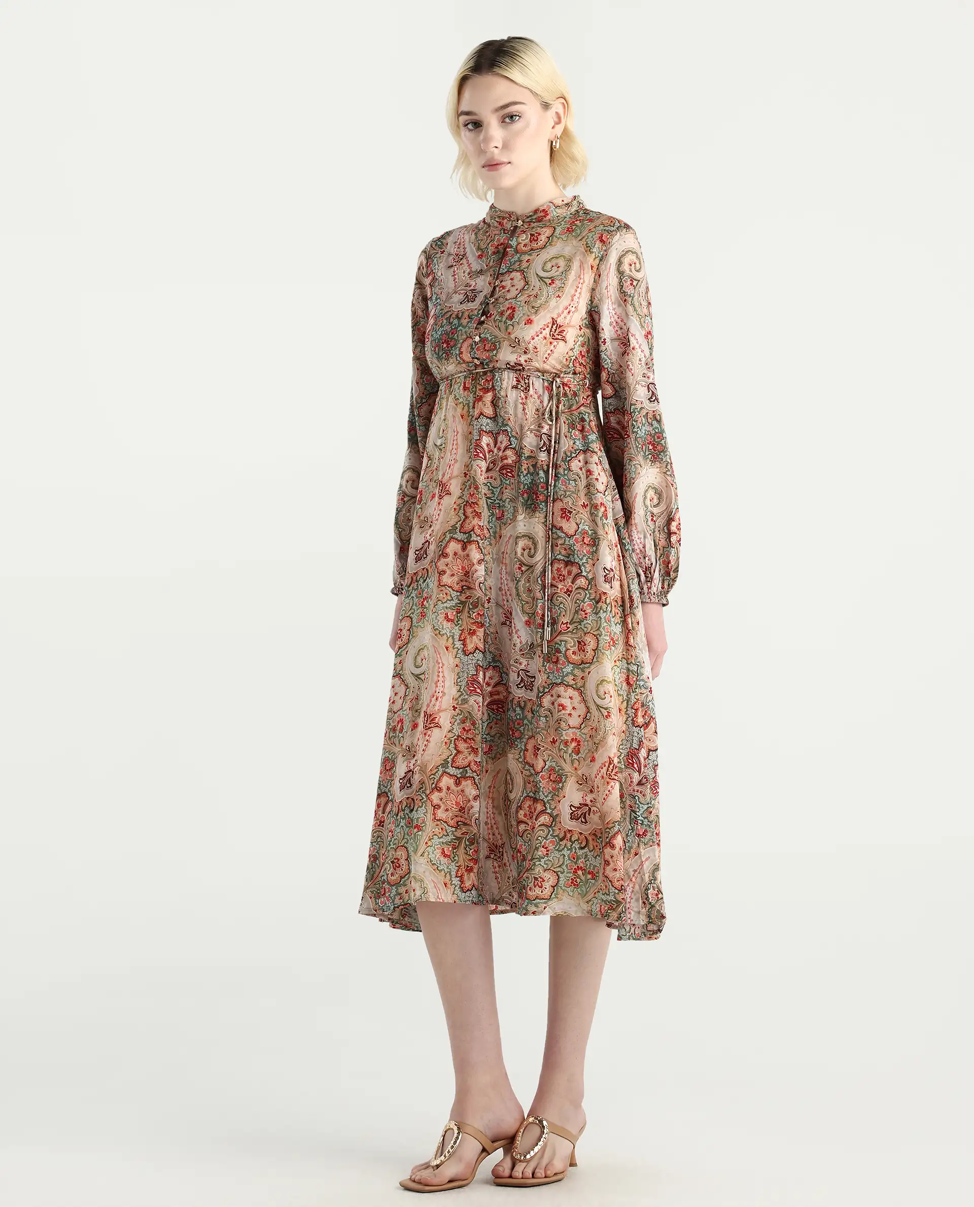 Rareism Women's Aviura Olive 100% Modal Band Collar Fit And Flare Printed Midi Dress - Image 6