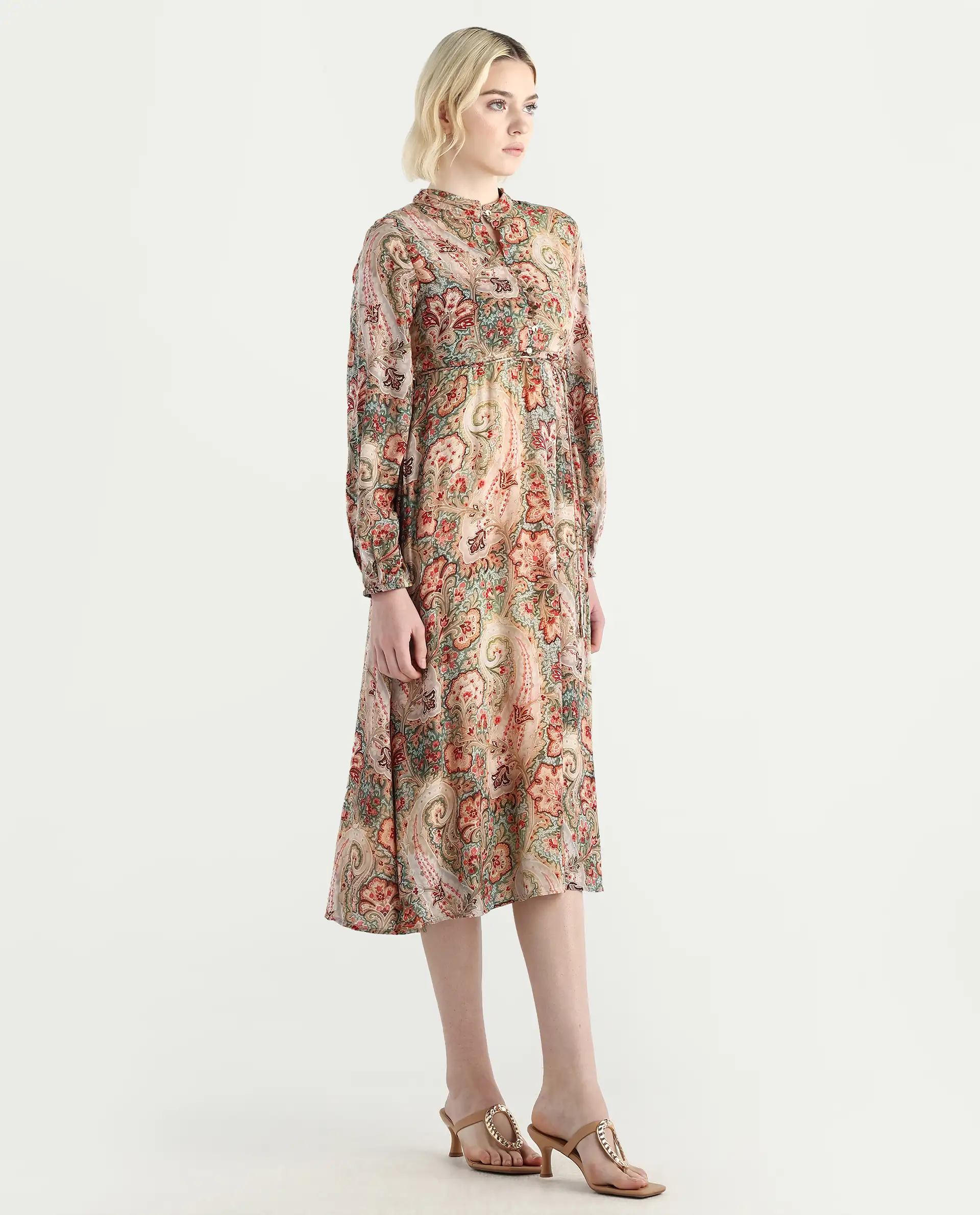 Rareism Women's Aviura Olive 100% Modal Band Collar Fit And Flare Printed Midi Dress - Image 7
