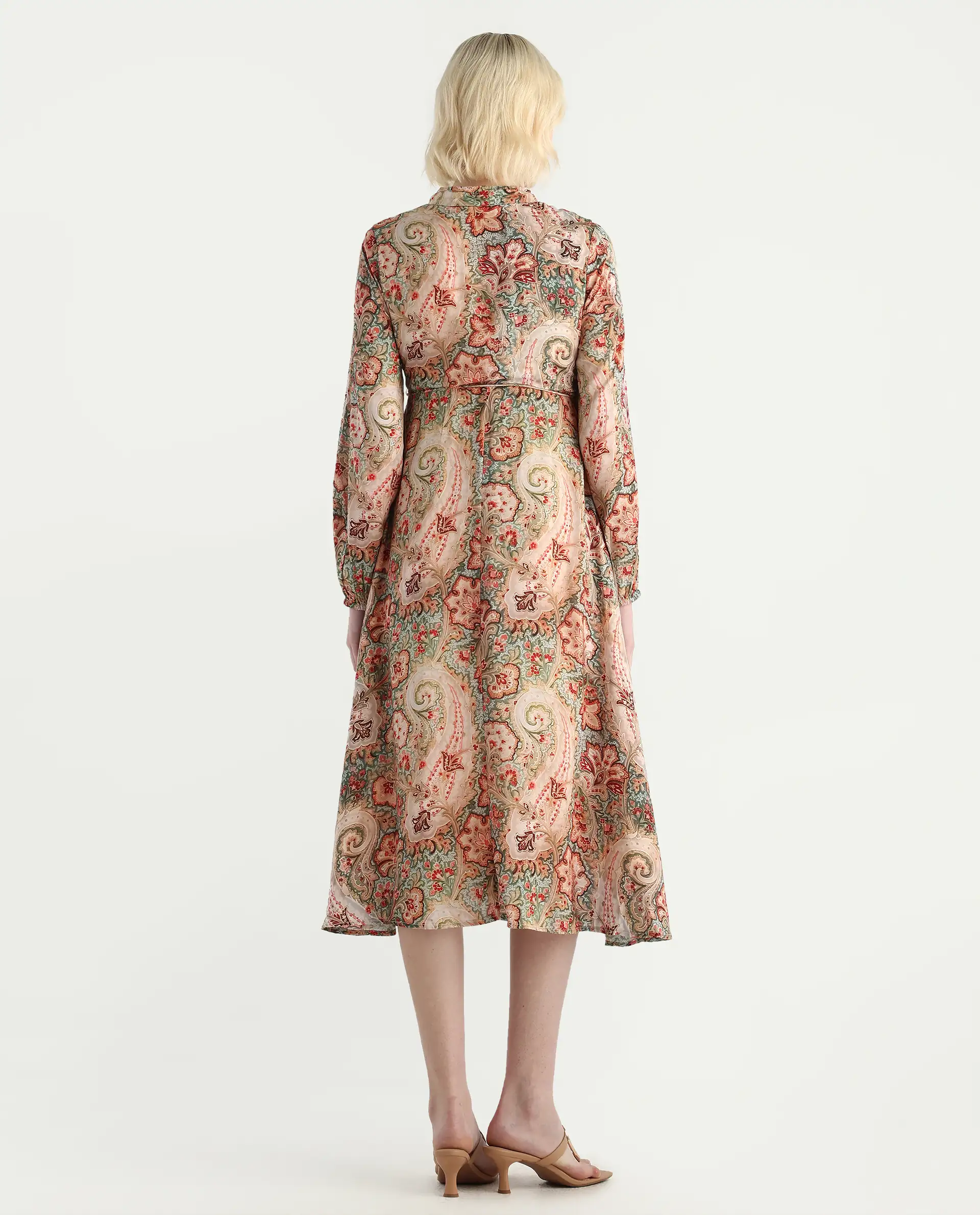 Rareism Women's Aviura Olive 100% Modal Band Collar Fit And Flare Printed Midi Dress - Image 8